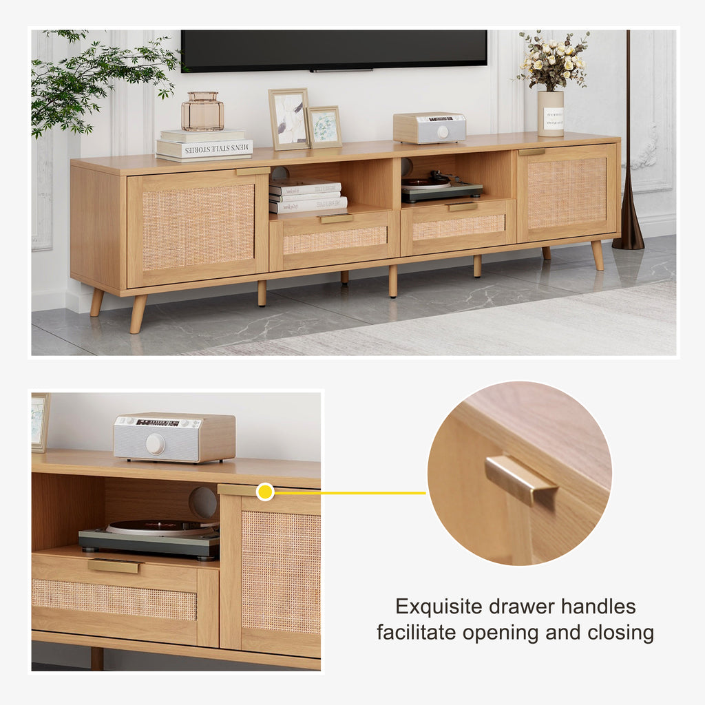 Modern Farmhouse Rattan TV Stand for TVs up to 85'', Solid Wood Legs, Media Console with MDF Board, Living Room Entertainment Center in Wood Finish - Grand Goldman Shop
