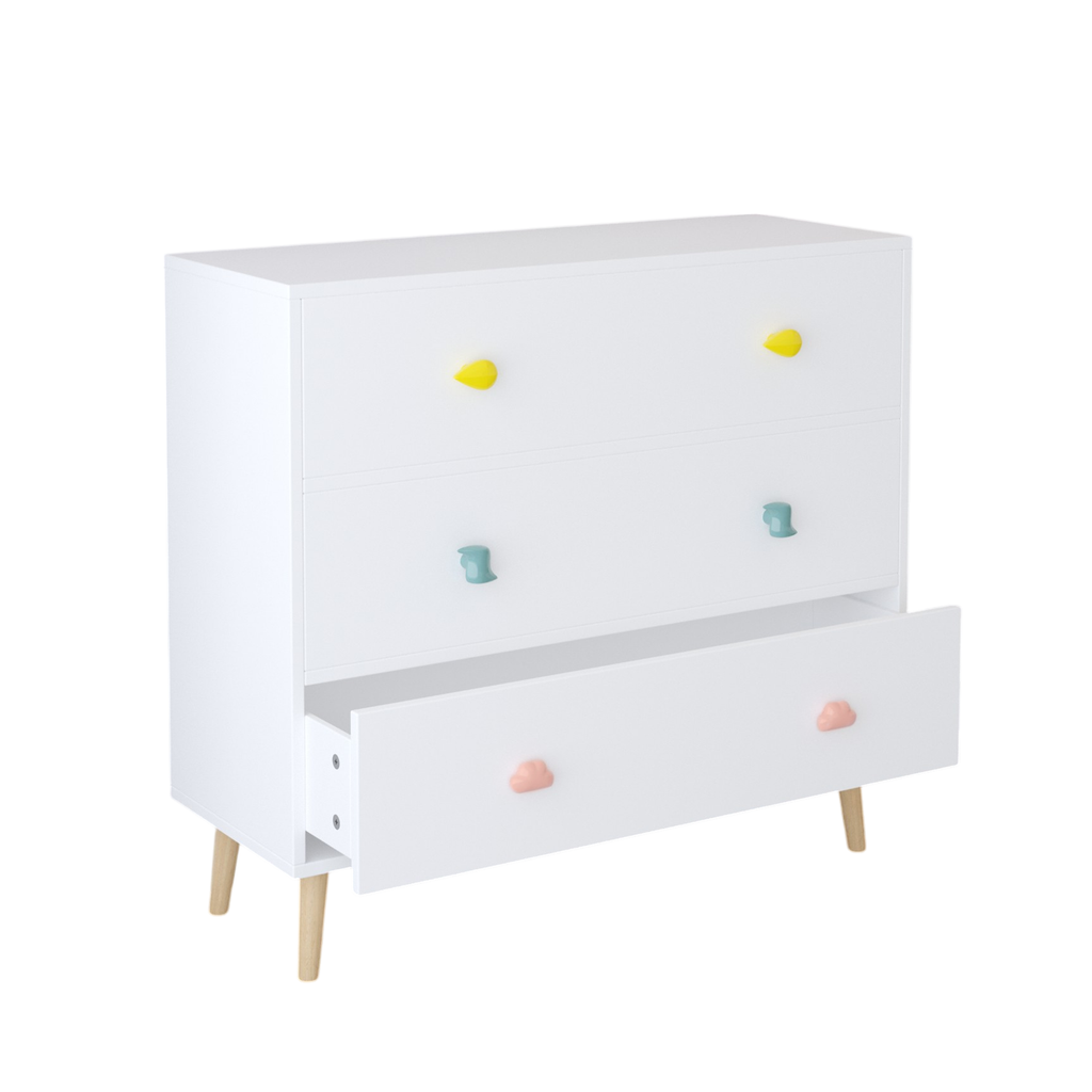 Kids 3 Drawer Dresser, White Nursery Storage Cabinet with Anti-Tip Safety Feature, Solid Wood and MDF Construction, Compact D