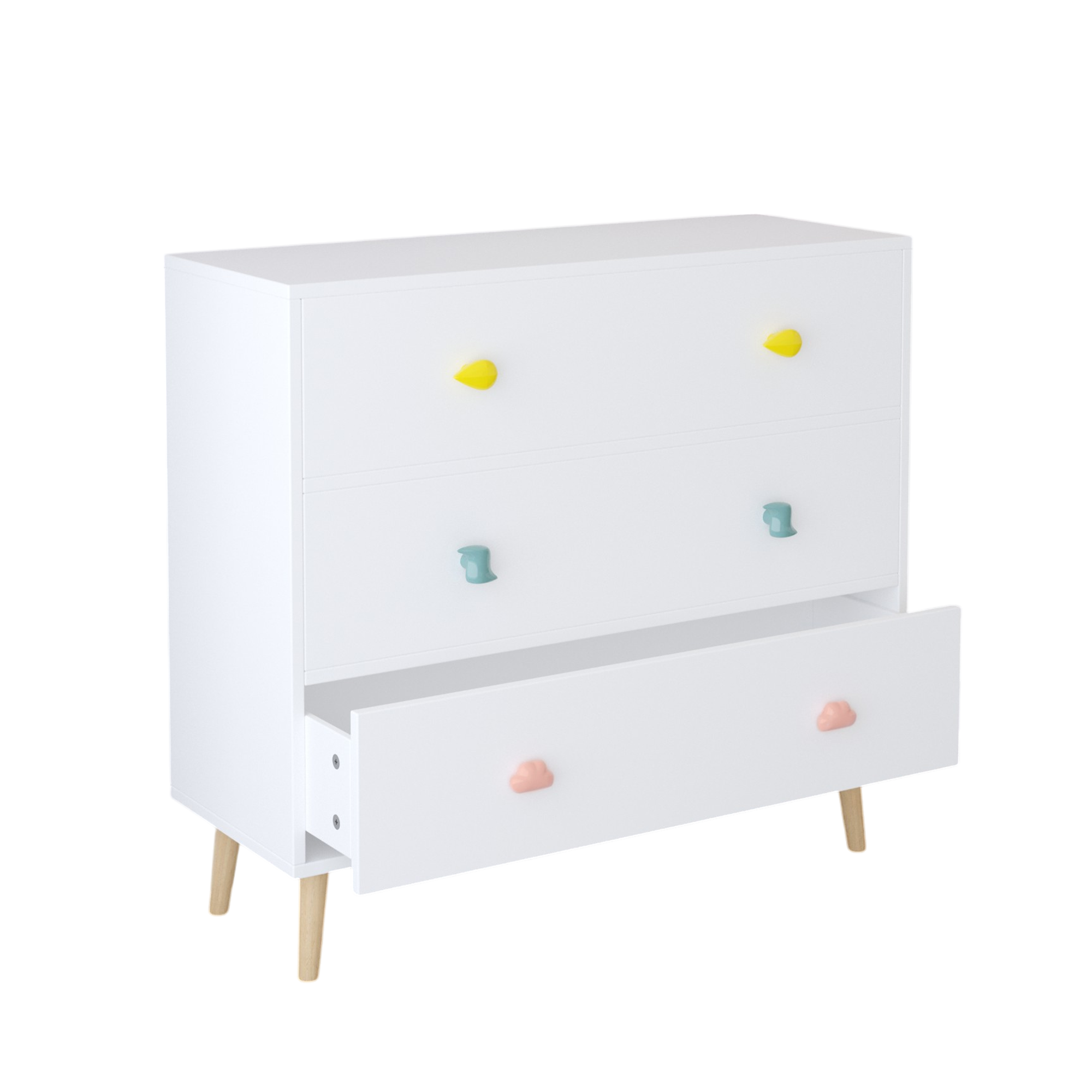 Kids 3 Drawer Dresser, White Nursery Storage Cabinet with Anti-Tip Safety Feature, Solid Wood and MDF Construction, Compact D