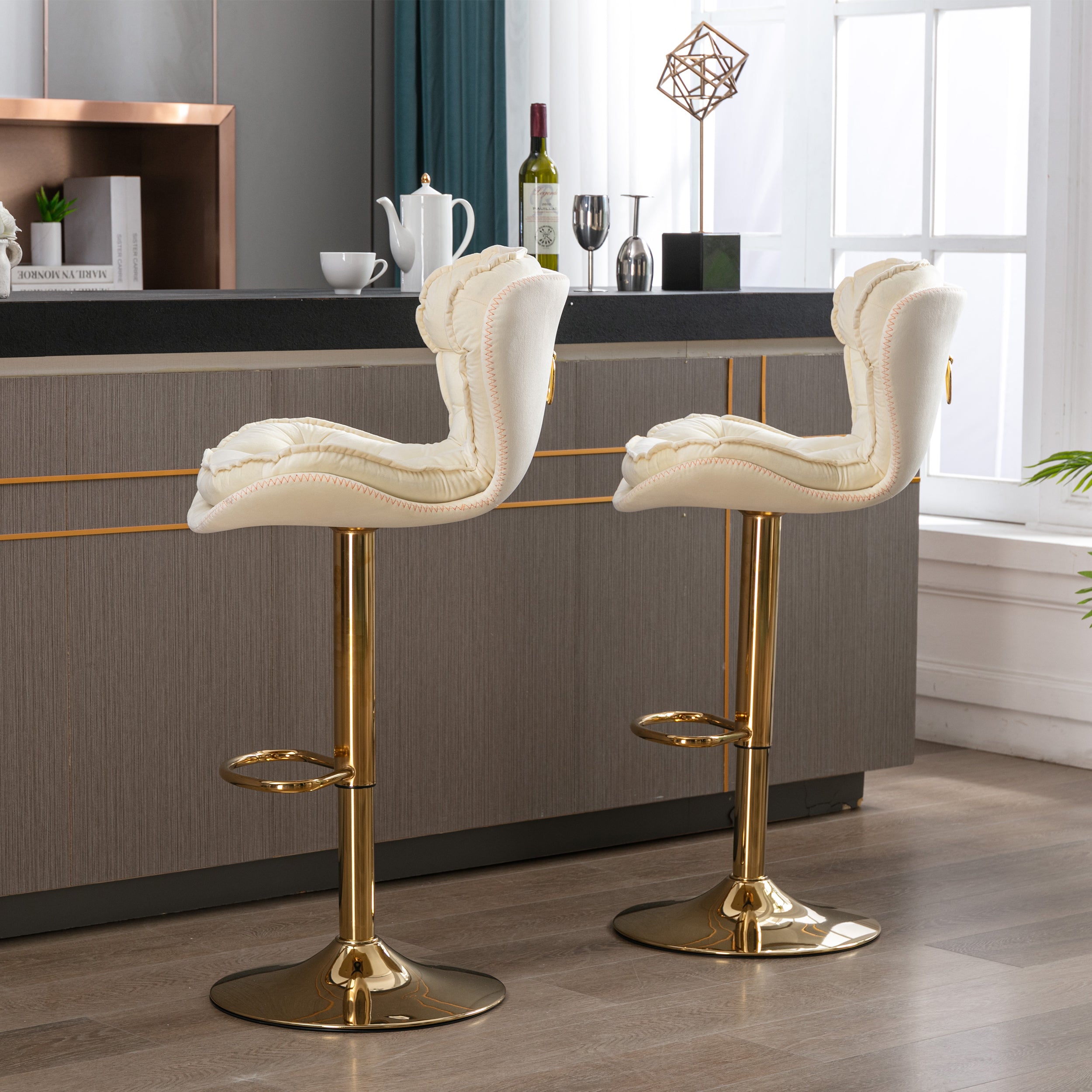 Set of 2  Bar Stools,with Chrome Footrest and Base Swivel Height Adjustable Mechanical Lifting Velvet + Golden Leg Simple Bar Stool-cream - Grand Goldman Shop