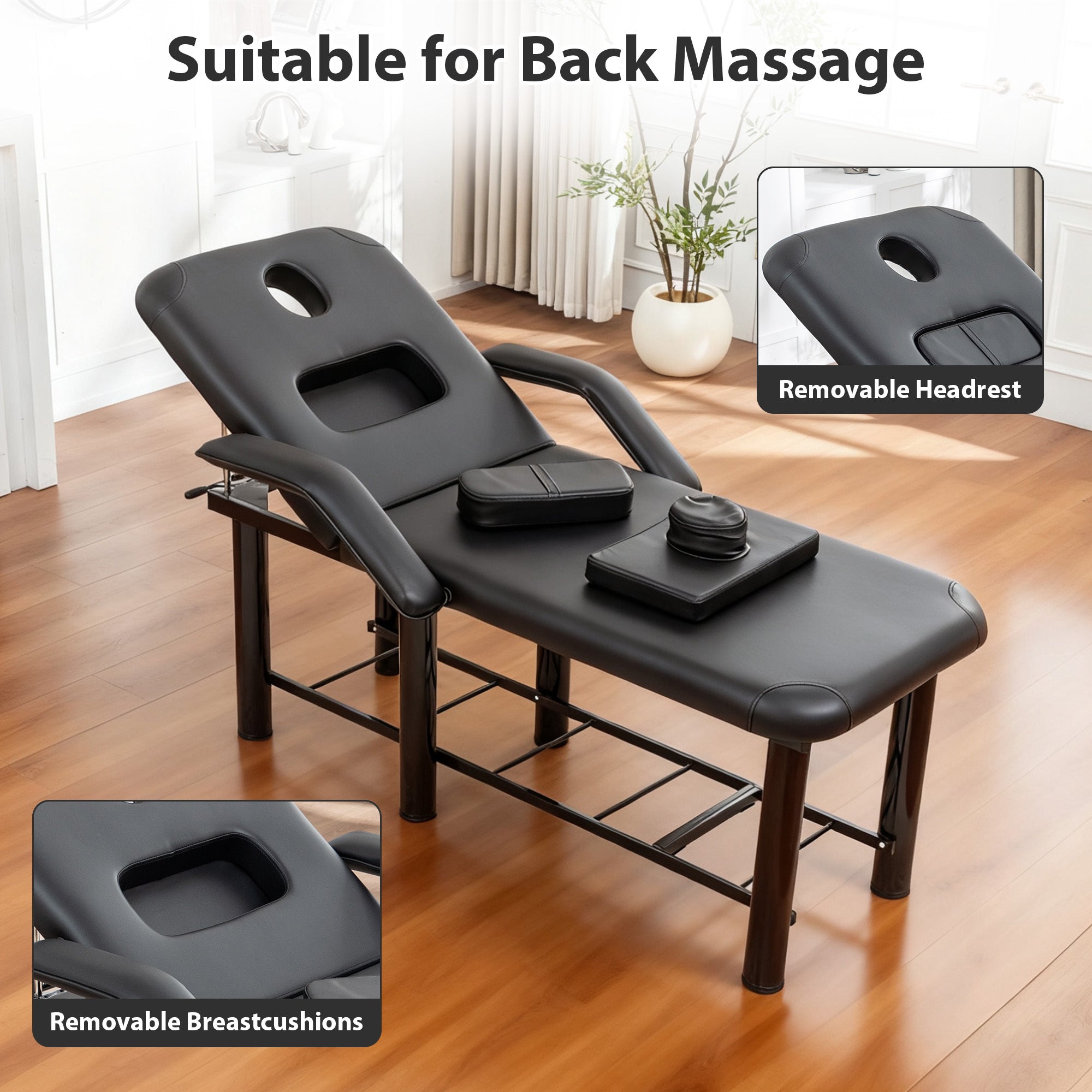 Professional Black Beauty Bed with Removable Headrest & Breast Cushions, Armrests and Storage Shelf for Massage, Facial, Tatt