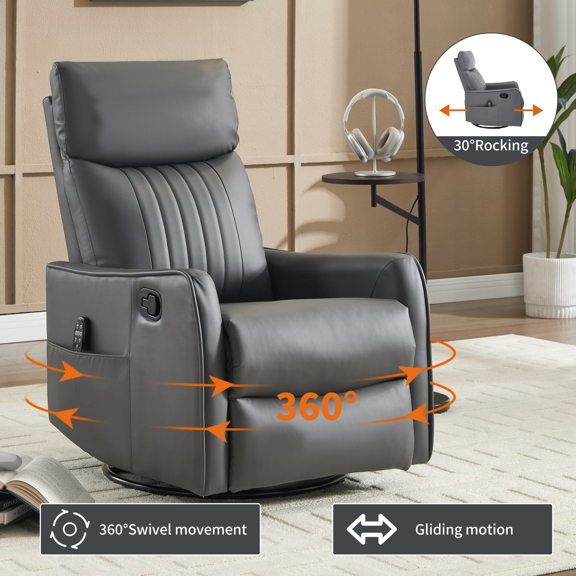 Grey Faux Leather Heat Massage Manual Recliner Chair with Rocker and Swivel for Living Room - Grand Goldman Shop