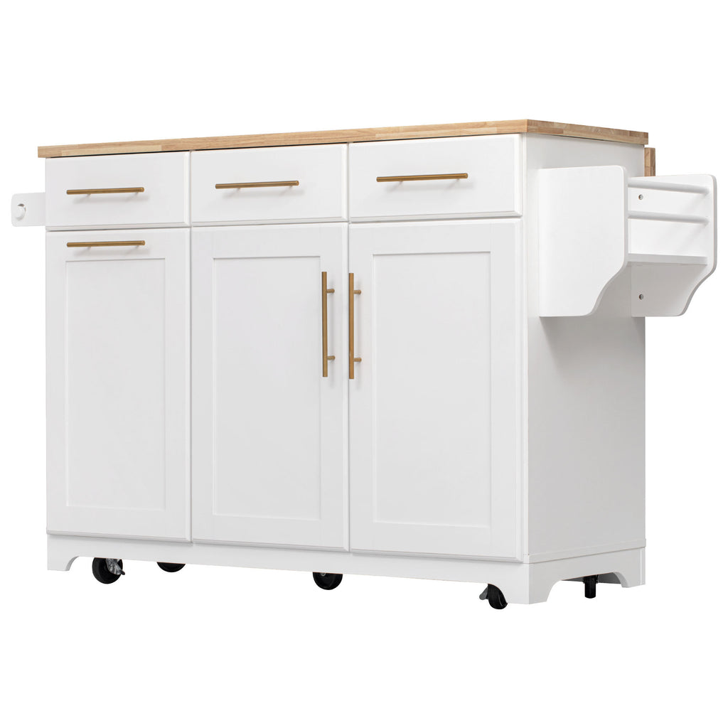 K&K 59.3' Kitchen Island with Storage 2 Pull Out Cabinet Organizers & Rubber Wood Drop Leaf, Rolling Kitchen Island with Trash Can Storage, Power Outlet, Spice & Towel Rack for Kitchen, Dining, White - Grand Goldman Shop