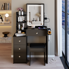29.2' Small Size Left Bedside Cabinet Vanity Table + Cushioned Stool, 2 AC+2 USB Power Station, Hair dryer bracket, Extra Large Touch Control Sliding LED Mirror, Tri-color Switching, Brightness Adjust - Grand Goldman Shop
