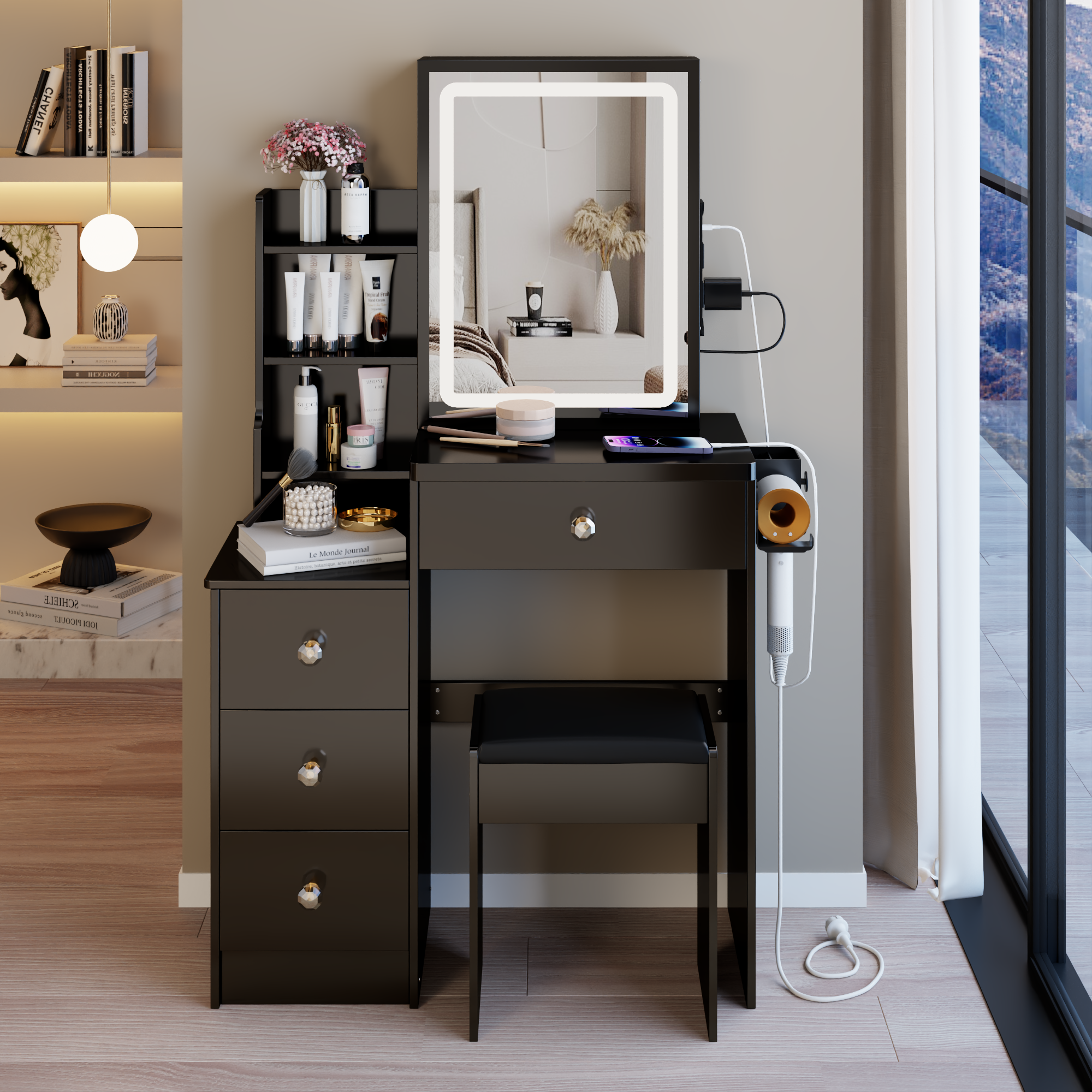 29.2' Small Size Bedside Cabinet Vanity Table + Cushioned Stool, 2 AC+2 USB Power Station, Hair dryer bracket, Extra Large Touch Control Sliding LED Mirror, 3-color Switching, EPA, GCC, UL Certificate - Grand Goldman Shop
