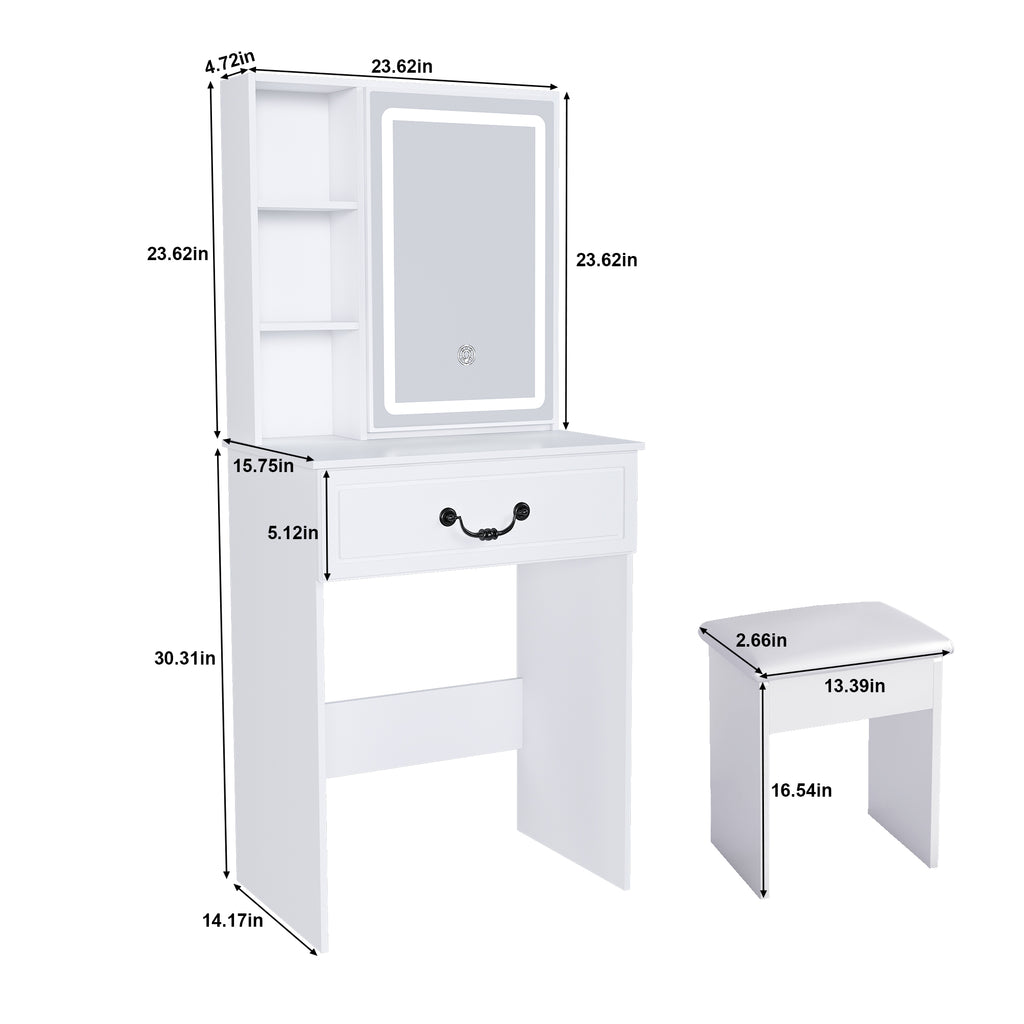 Modern Mini Dressing Table with LED-lit Mirror & Hidden Storage, Adjustable Brightness Vanity Desk, White - Grand Goldman Shop