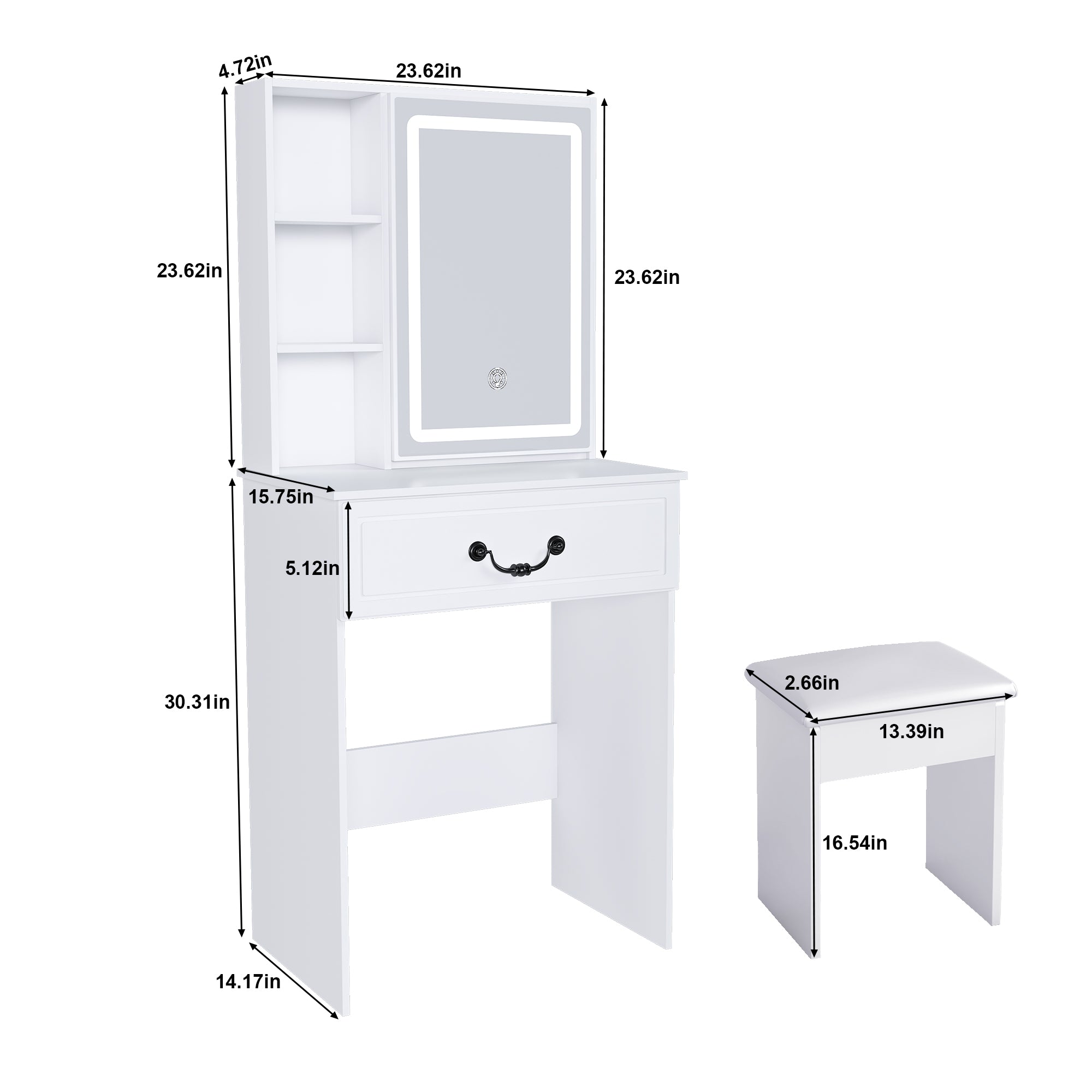 Modern Mini Dressing Table with LED-lit Mirror & Hidden Storage, Adjustable Brightness Vanity Desk, White - Grand Goldman Shop