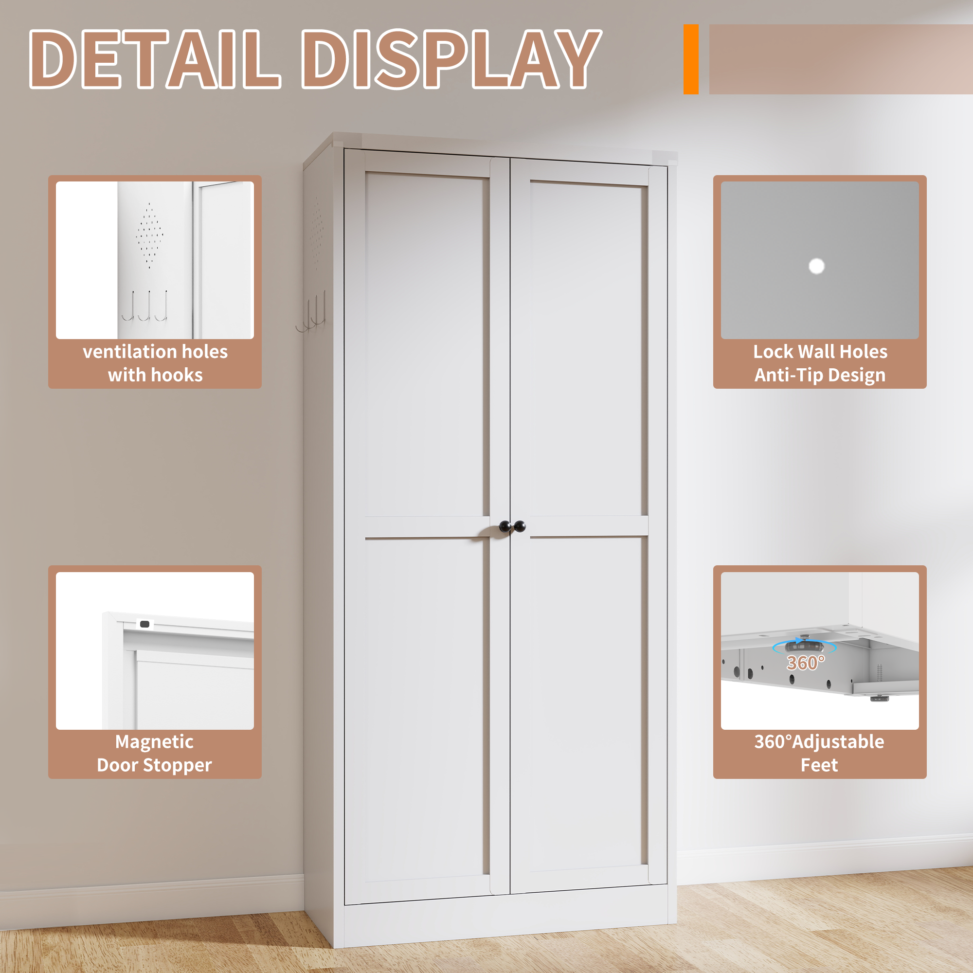61' White Metal Kitchen Pantry Cabinet with Adjustable Storage and 4 Heavy Duty Shelves - Grand Goldman Shop