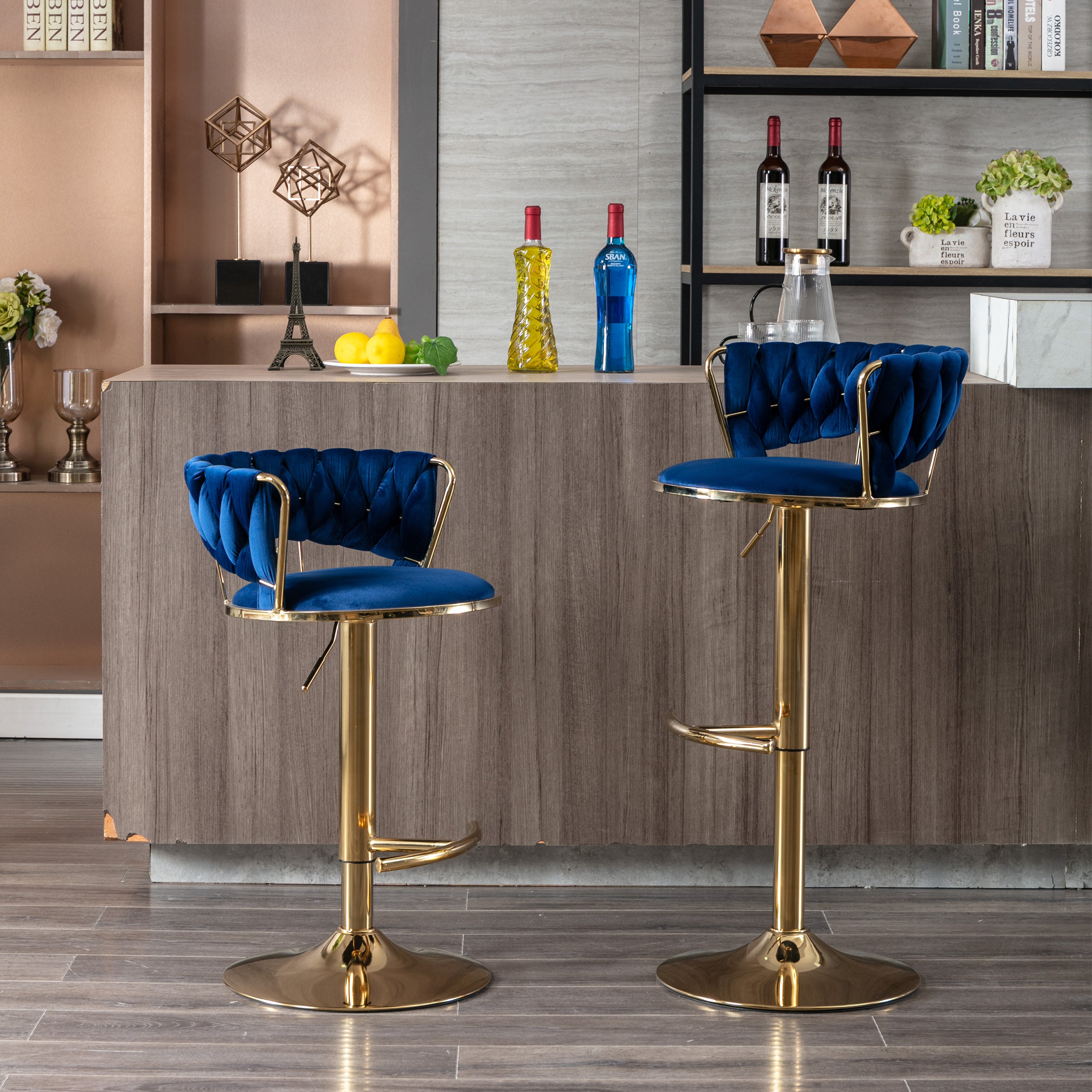 Set of 2  Bar Stools,with Chrome Footrest and Base Swivel Height Adjustable Mechanical Lifting Velvet + Golden Leg Simple Bar Stool-BLUE - Grand Goldman Shop