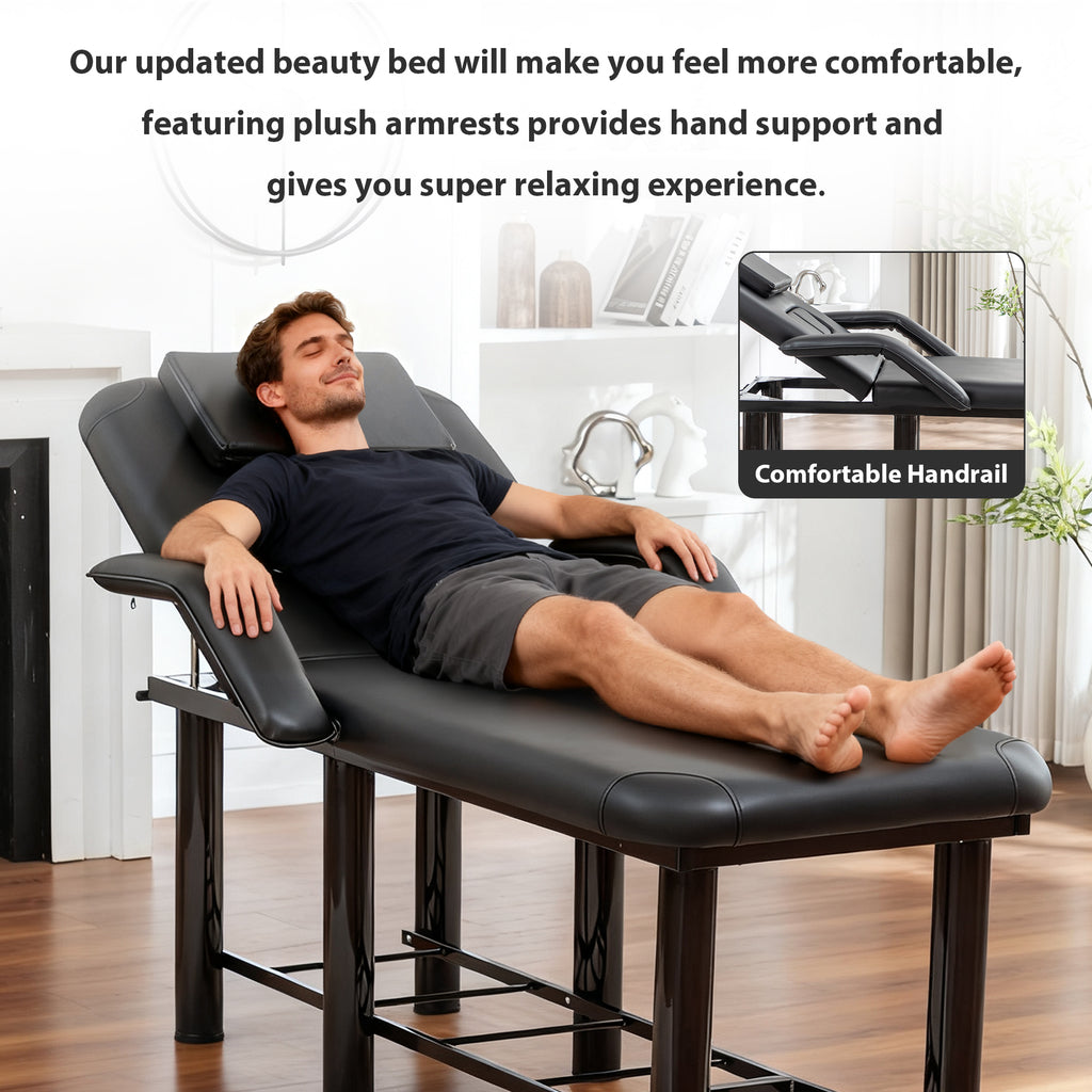 Professional Black Beauty Bed with Removable Headrest & Breast Cushions, Armrests and Storage Shelf for Massage, Facial, Tatt