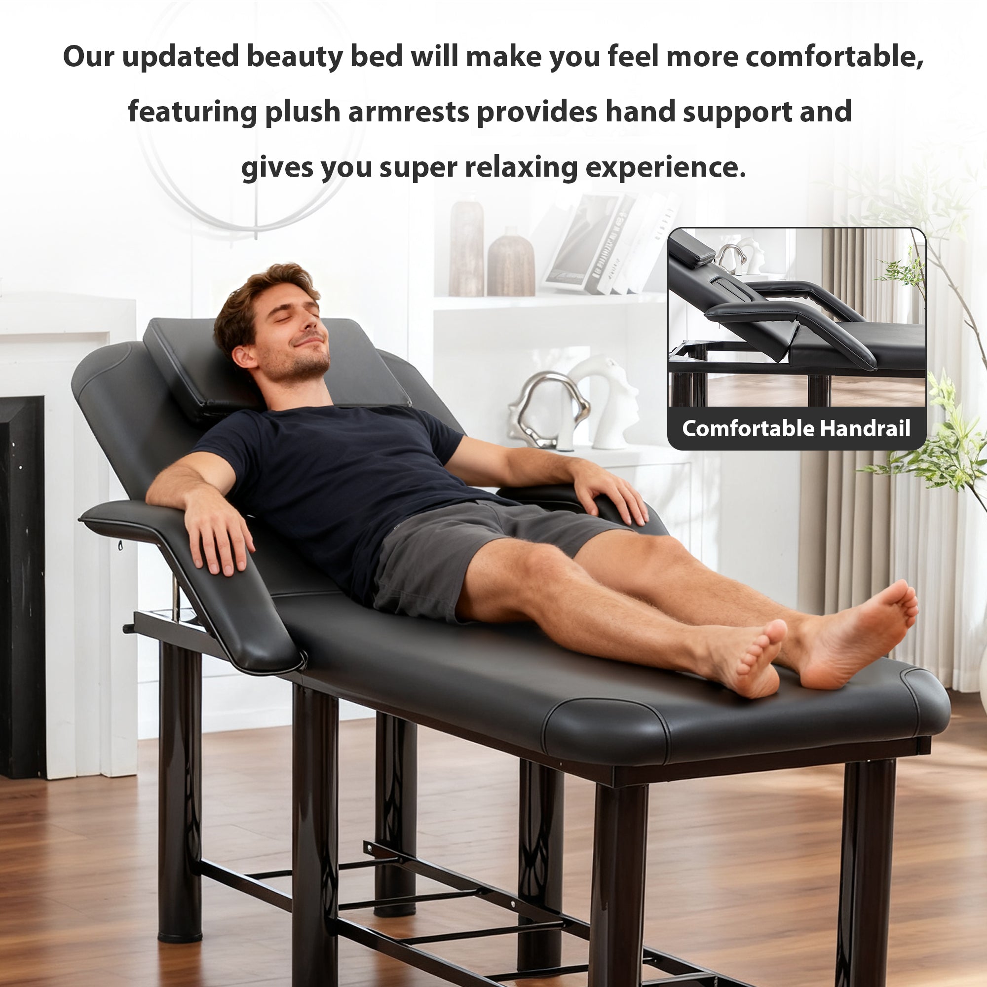 Professional Black Beauty Bed with Removable Headrest & Breast Cushions, Armrests and Storage Shelf for Massage, Facial, Tatt