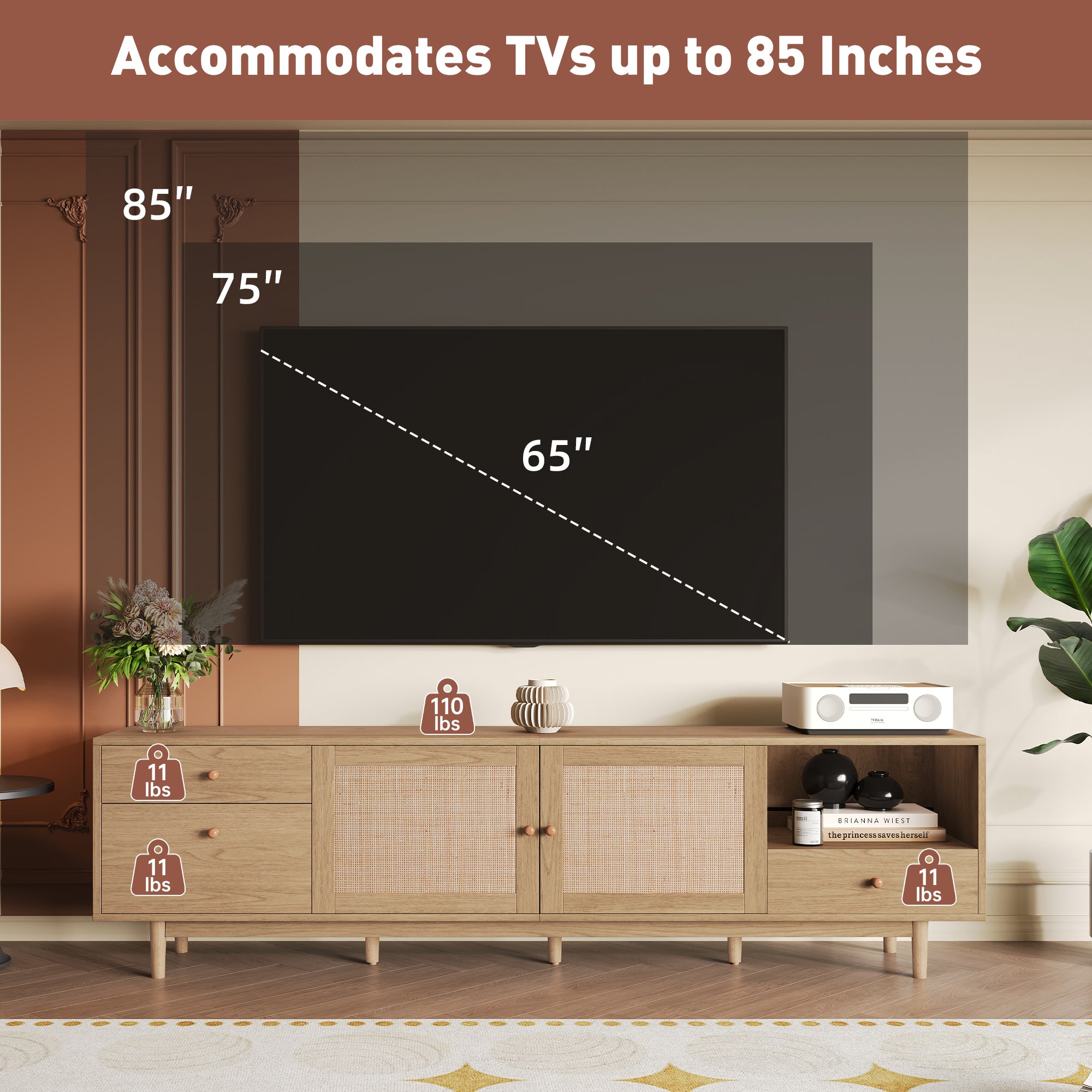 Boho TV Stand for 65 75 85 Inch TV with Real Rattan Doors, Modern Wood Media Console in Natural Finish, 76.6'' L x 15.7'' W x 23.6'' H - Grand Goldman Shop
