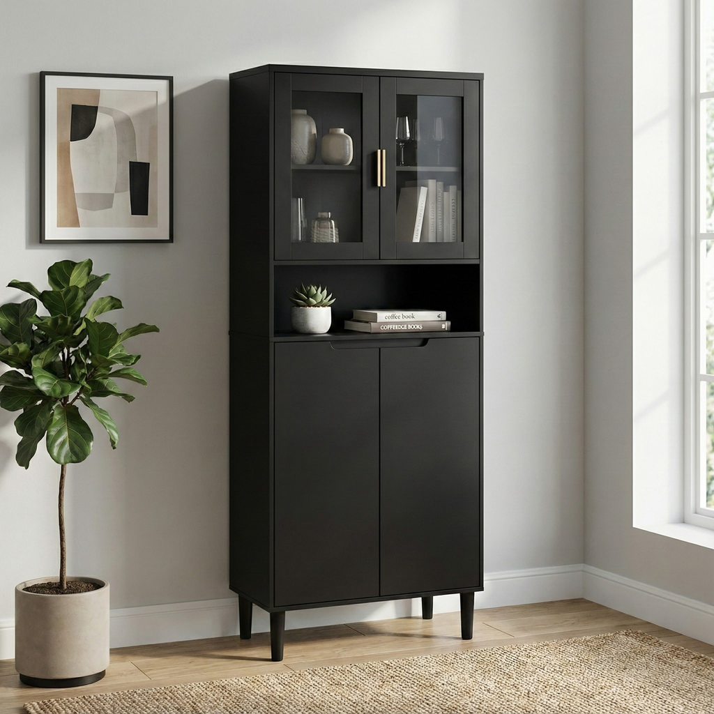 Tempered Glass Door Tall Storage Bookcase with adjustable board, 4 doors MDF painting finished cabinet, Black, Living room Bedroom storage - Grand Goldman Shop