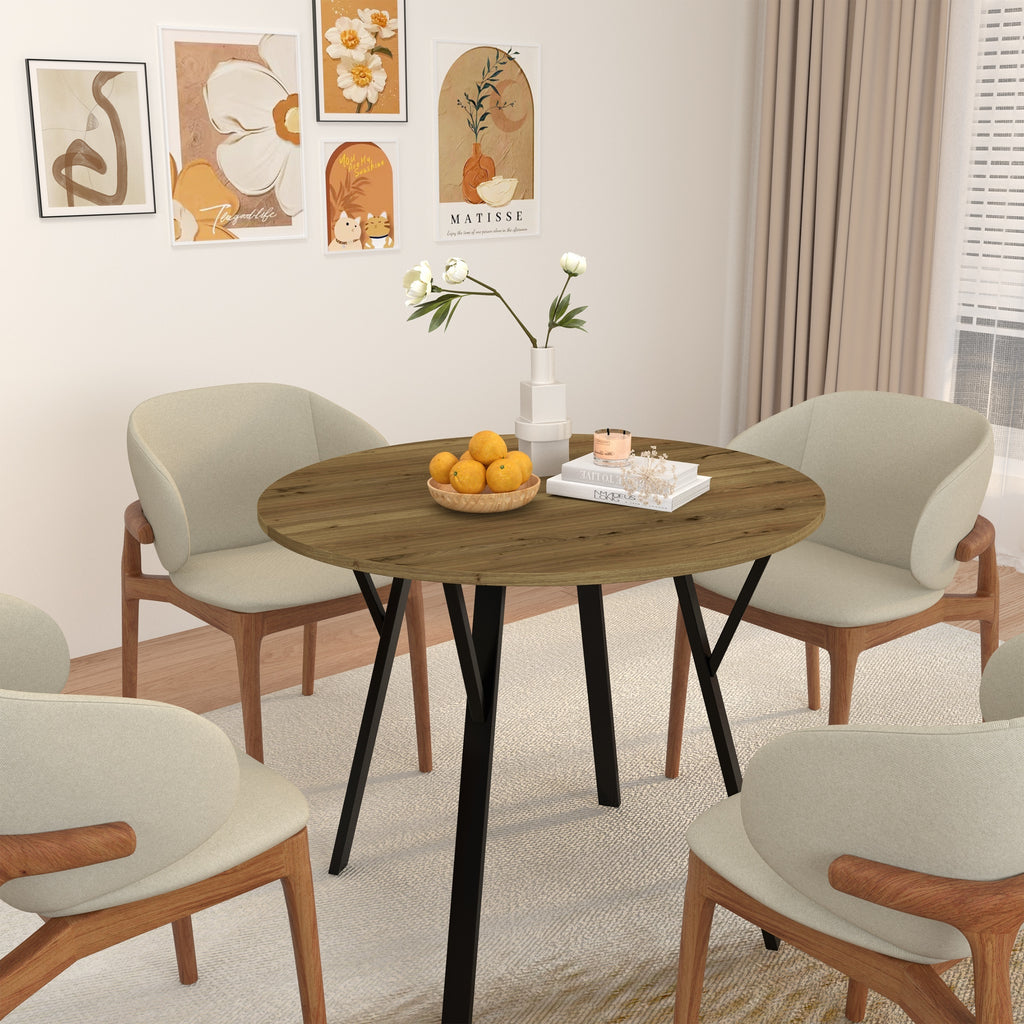 Modern Round Dining Table, Rustic Brown MDF Top with Black Metal Legs, 35.43 Inch Diameter for 2-4 People - Grand Goldman Shop