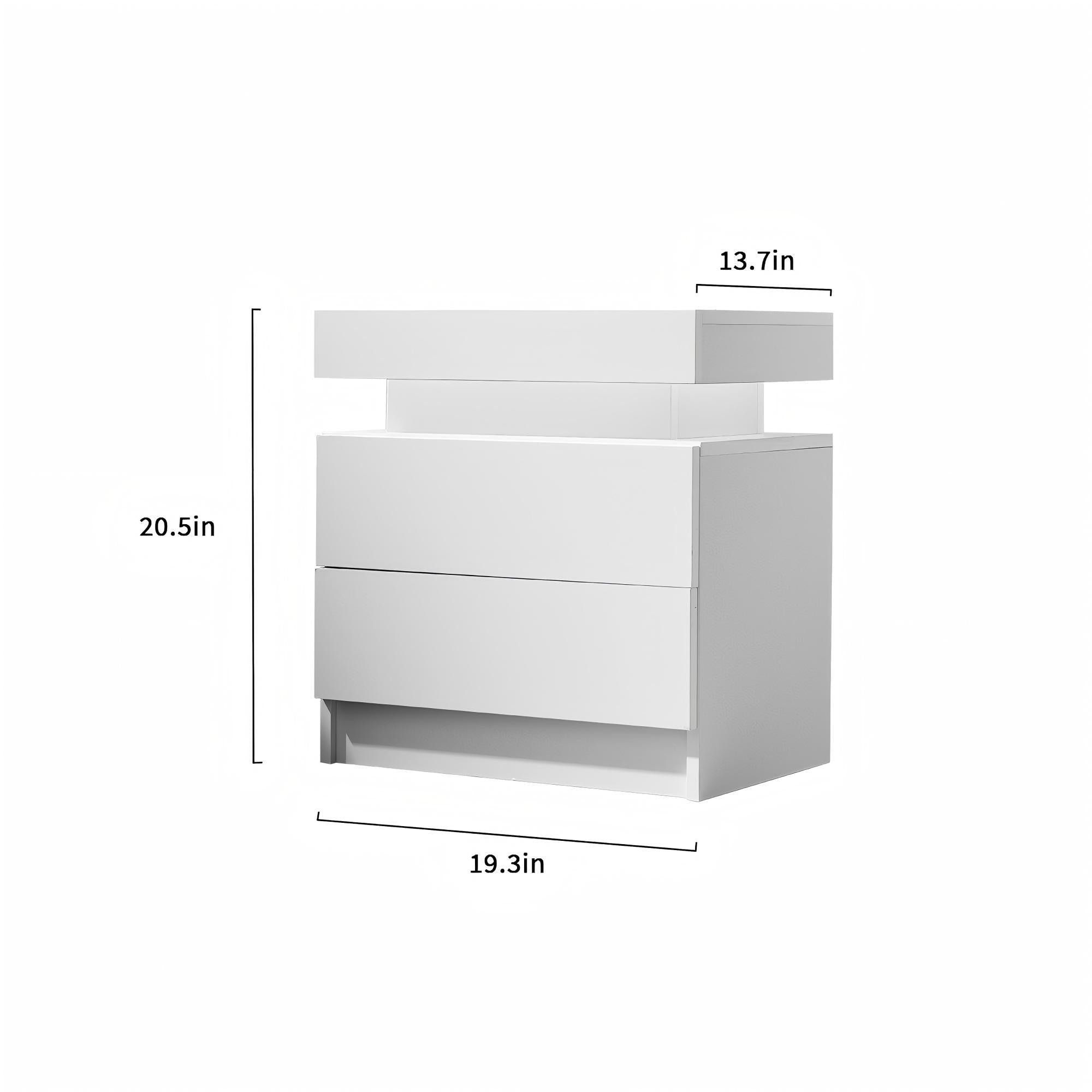 Modern LED Bedside Table Cabinet with Adjustable Lights and 2 Drawers, White, Engineered Wood, 19.30 x 13.70 x 20.50 inches - Grand Goldman Shop