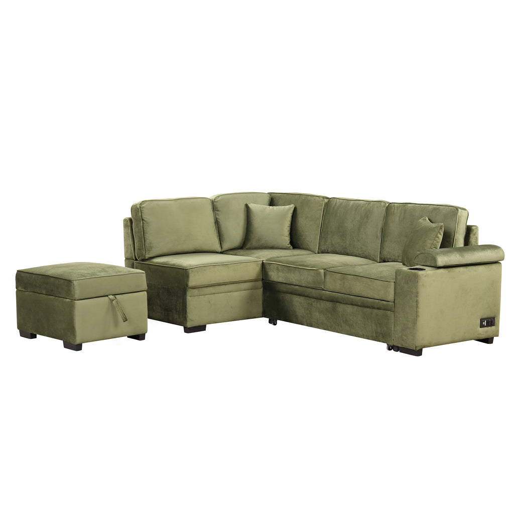 Green Velvet Sleeper Sofa Bed with Storage Ottoman, L Shape Pull Out Couch for Living Room and Bedroom - Grand Goldman Shop
