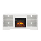 TV Stand Electric Fireplace TV Stand with Glass Shelves, 3D Fireplace TV Stand with LED Lights Wood with USB Charging Outlet Modern Television Table Center for TV up to 32-62' White 58''W*15.4''D*24.6 - Grand Goldman Shop