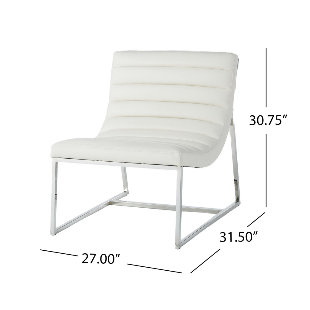 WILMOUTH ROLL OCCASIONAL CHAIR in White Leather with Chrome-Finished Steel Legs, Modern & Contemporary Style - Grand Goldman Shop