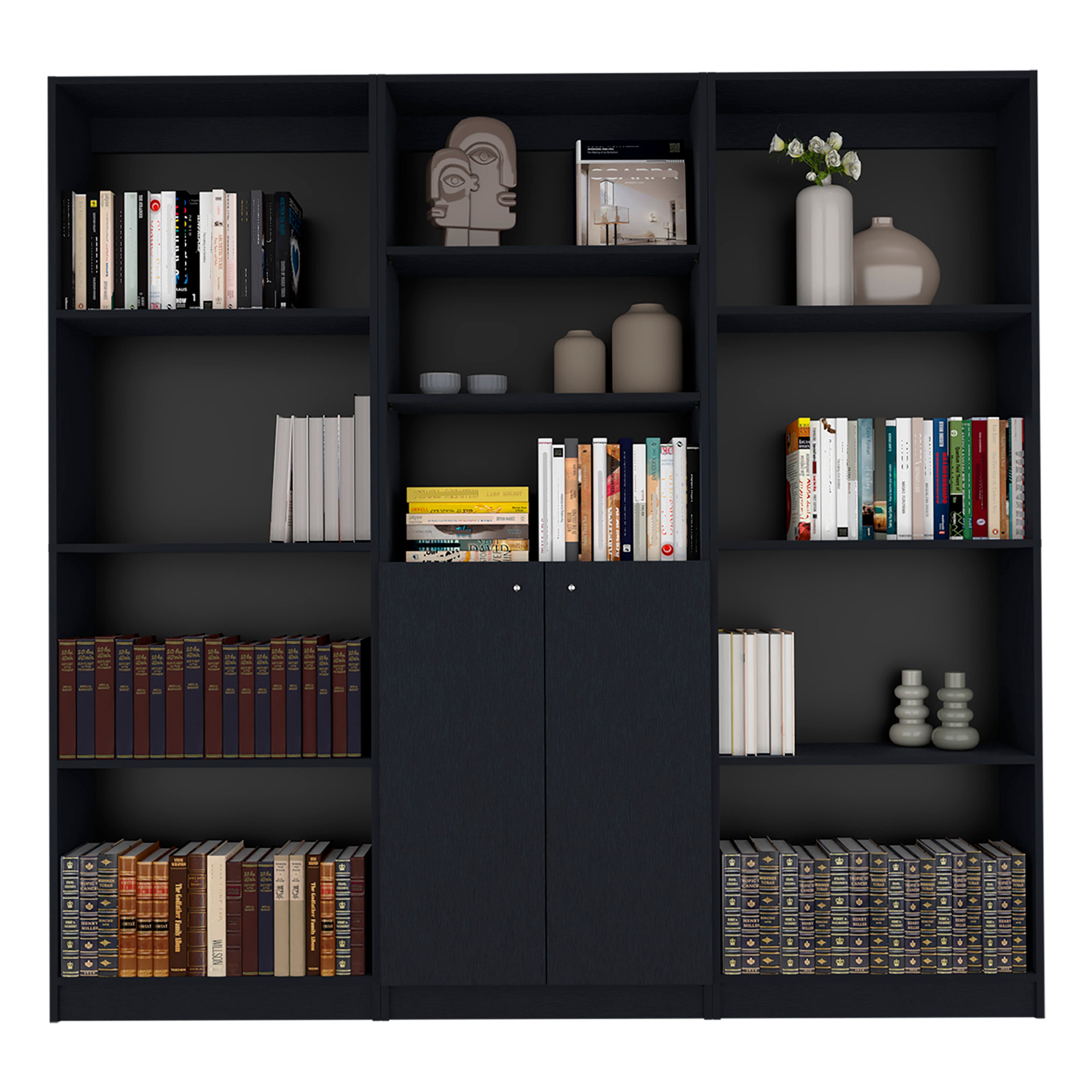 Duette 3 Piece Home Bookcase set, 74' Wide with 11 Shelves and Two-Door Cabinet ,  Living Room Set Set  Black - Grand Goldman