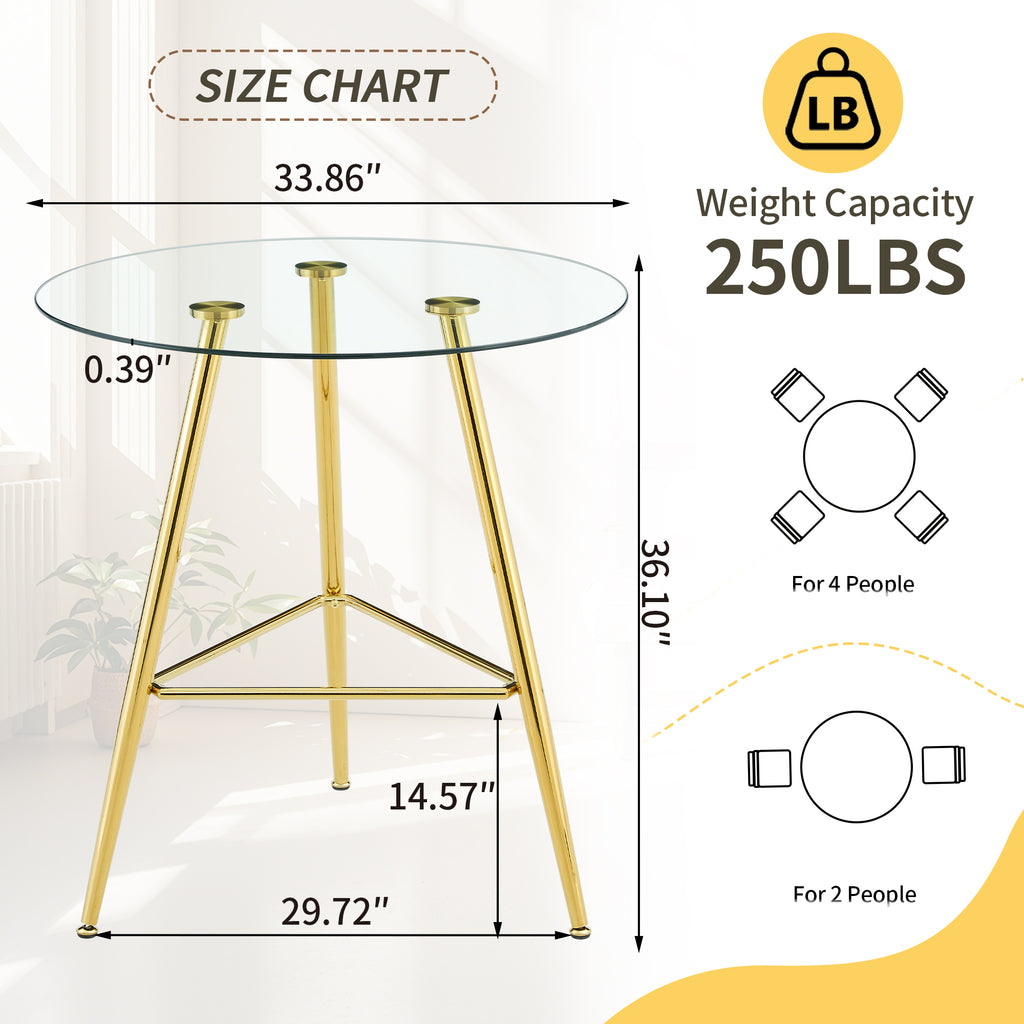 36 Inch Height Bar Table, 34 Inch Round Tempered Glass Top Pub Table with Chrome-Plated Golden Metal Legs, Modern Bistro Table for Kitchen Island/Bar/Cafe - Grand Goldman Shop