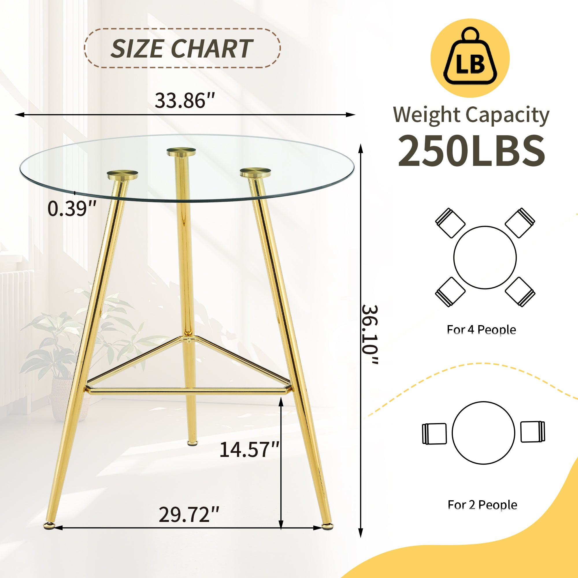 36 Inch Height Bar Table, 34 Inch Round Tempered Glass Top Pub Table with Chrome-Plated Golden Metal Legs, Modern Bistro Table for Kitchen Island/Bar/Cafe - Grand Goldman Shop