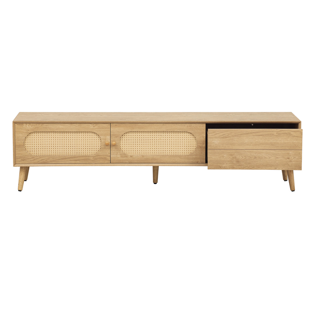 Boho TV Stand for TVs up to 80'', Modern Farmhouse Media Console with Solid Wood Legs, Natural Wood Finish, MDF Cabinet, 70.8''L x 15.7''W x 17.7''H - Grand Goldman Shop