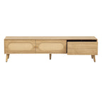 Boho TV Stand for TVs up to 80'', Modern Farmhouse Media Console with Solid Wood Legs, Natural Wood Finish, MDF Cabinet, 70.8''L x 15.7''W x 17.7''H - Grand Goldman Shop
