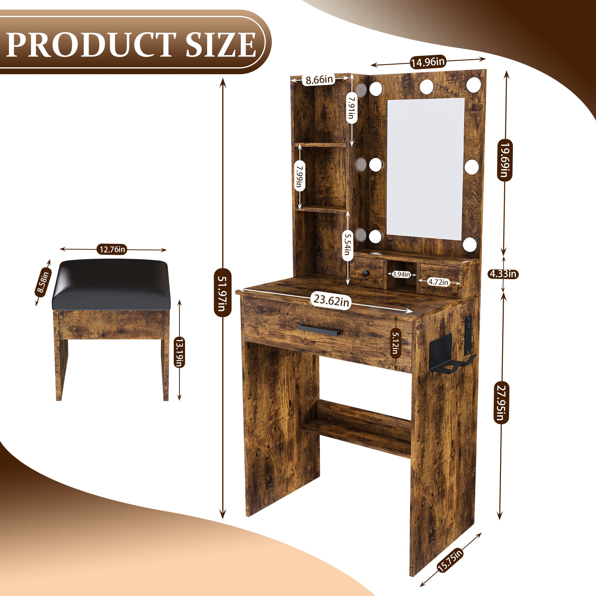 Vintage Vanity Table with Mirror, Adjustable LED Lights, Power Outlet, Hairdryer Holder & Stool – Compact Dressing Desk for Small Bedrooms - Grand Goldman Shop