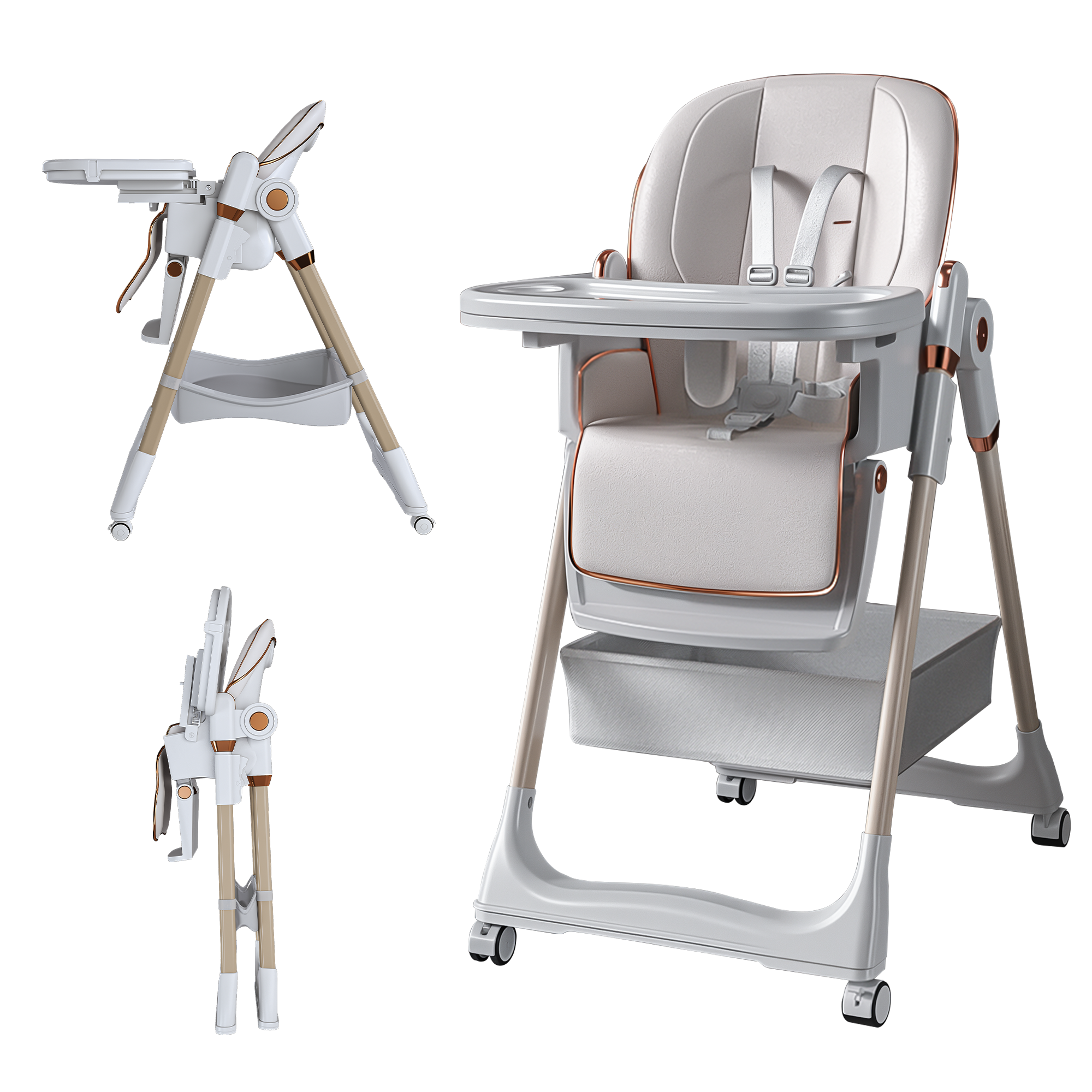 Adjustable Baby High Chair 0-6 Years – Portable Infant Feeding Seat with Safety Belt, Silent Lockable Wheels, White - Grand Goldman Shop
