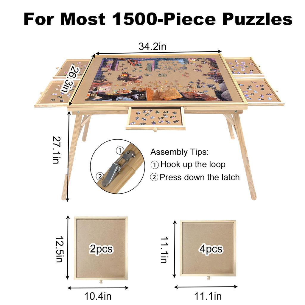 27' H Tall 1500 Piece Puzzle Table with Legs, 5 Drawers, 34' W x 26' D Large Wood Folding Jigsaw Puzzle Board for Adults, Nat