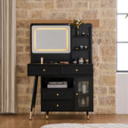 Modern Makeup Vanity Desk with Mirror and Lights, Retractable Design, Black Engineered Wood, 58.50 x 15.80 x 52.30 inches - Grand Goldman Shop
