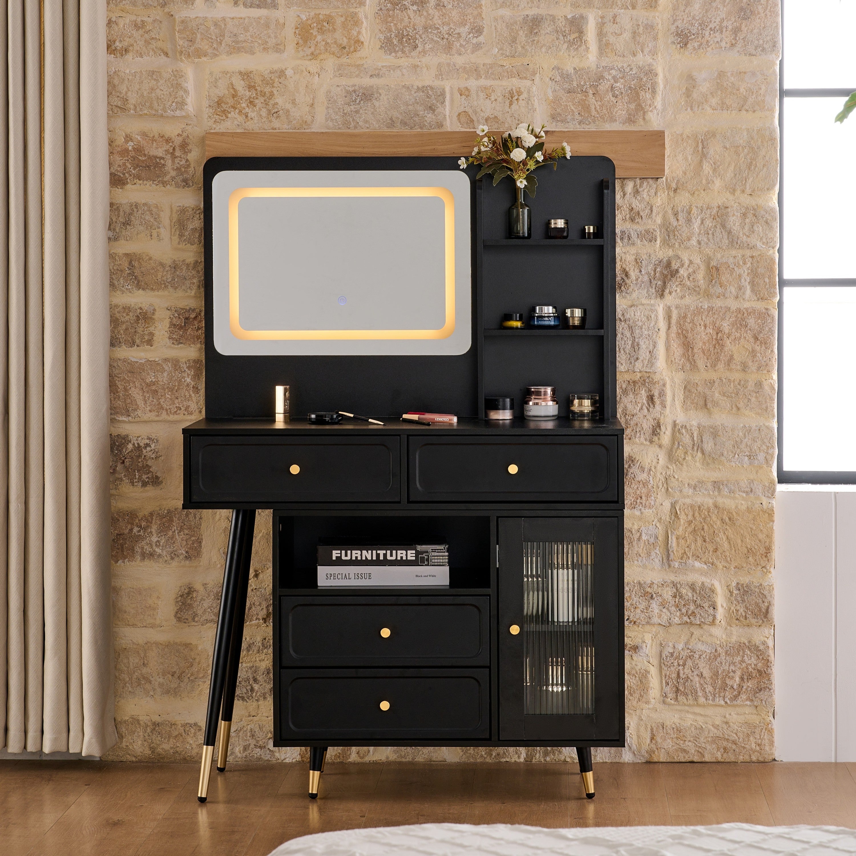 Modern Makeup Vanity Desk with Mirror and Lights, Retractable Design, Black Engineered Wood, 58.50 x 15.80 x 52.30 inches - Grand Goldman Shop