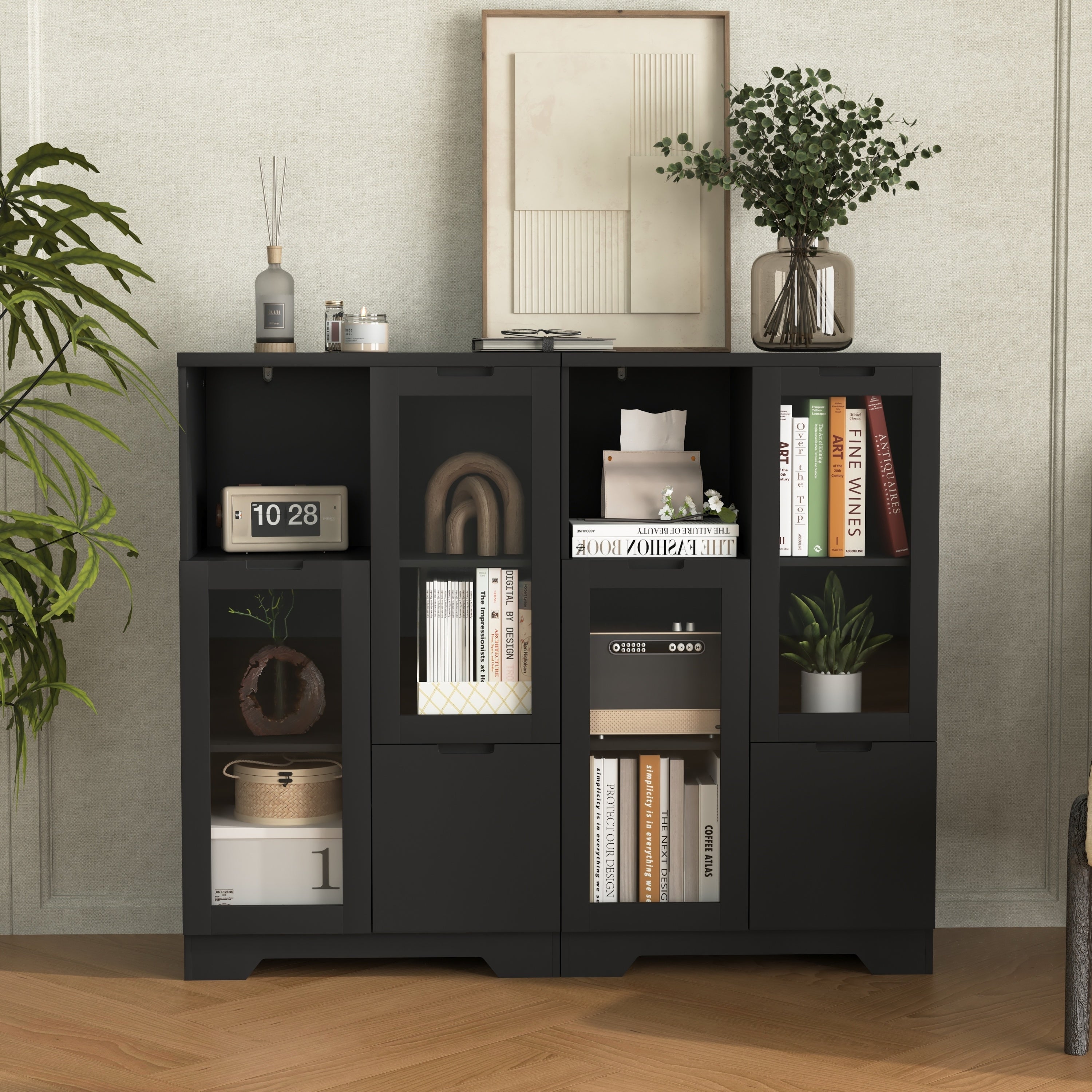 Modern MDF Painted Cabinet with Glass Doors and Drawer, Black, Bedroom or Living Room Storage - Grand Goldman Shop