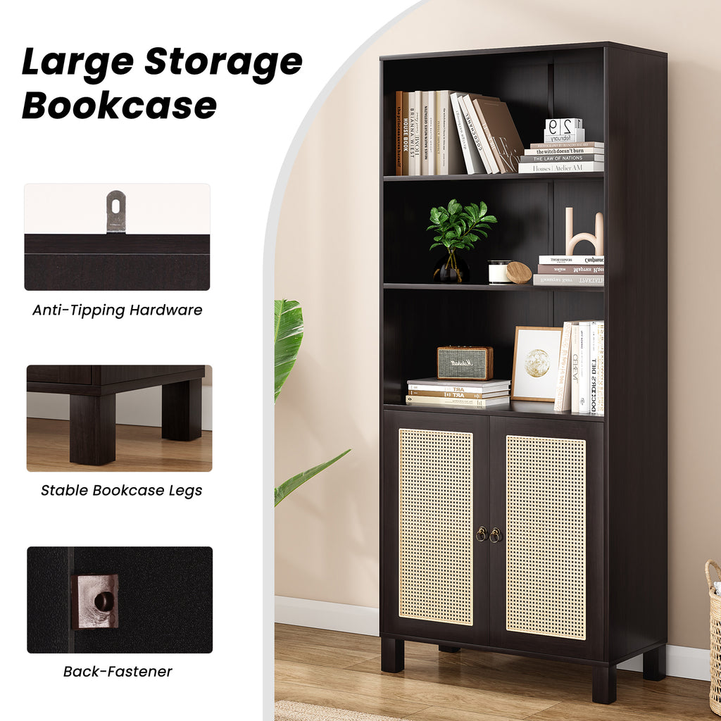 Tall Bookcase with Rattan Doors,5 Tier Storage Wood Shelves Large Bookshelf for Library Living Room Bedroom Home Office,Walnu