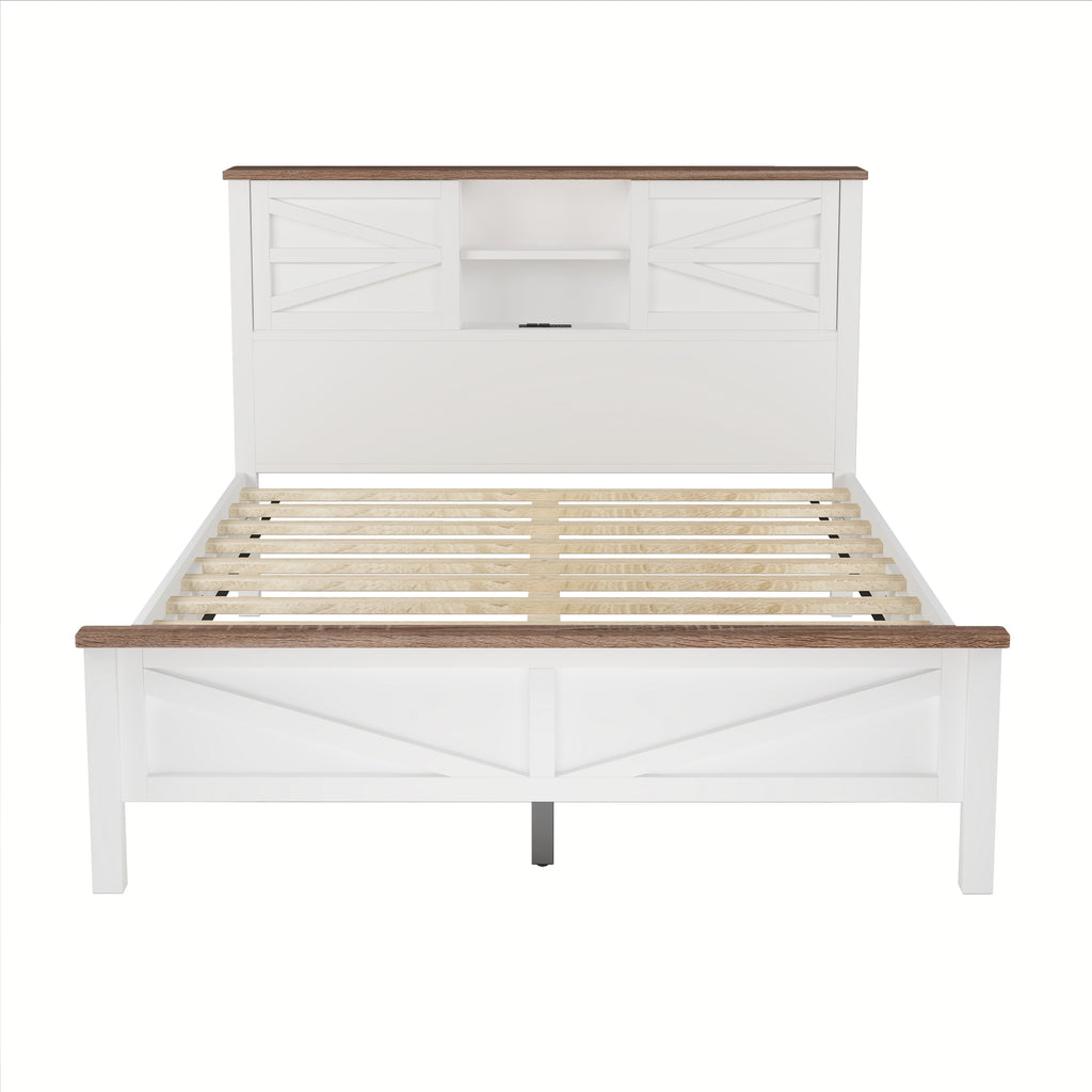 3-Pieces Bedroom Sets Queen Size  Farmhouse Platform Bed with Double Sliding Door Storage Headboard, Storage Nightstand and Dresser, White+Brown(Old SKU HL000092AAK) - Grand Goldman Shop