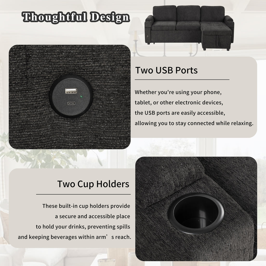Black Convertible L-shaped Sofa Couch with Storage, Cup Holders, USB Ports, Chenille Fabric, 83.5' - Grand Goldman Shop