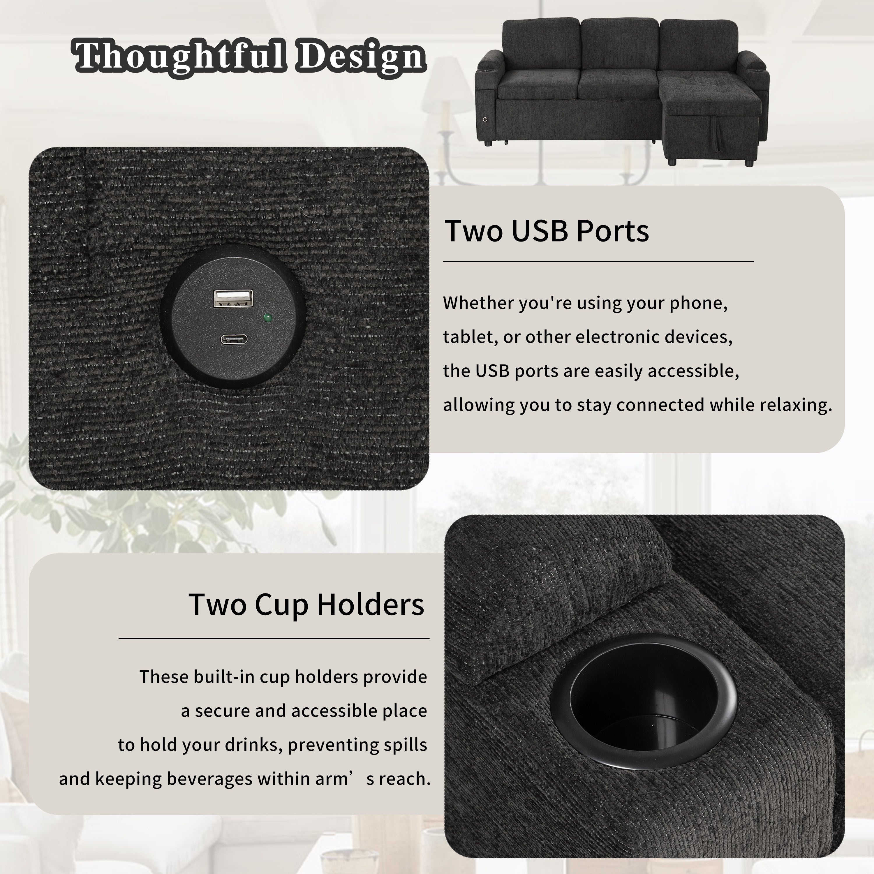 Black Convertible L-shaped Sofa Couch with Storage, Cup Holders, USB Ports, Chenille Fabric, 83.5' - Grand Goldman Shop