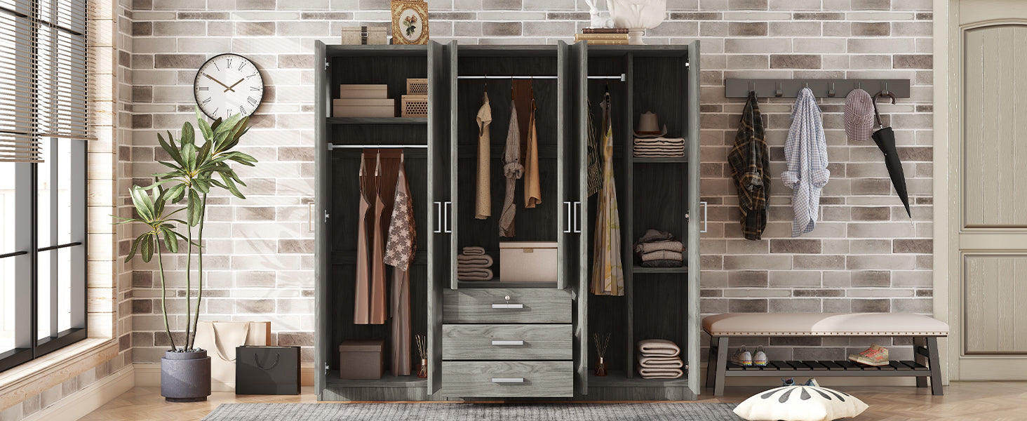 6-Doors Wooden Wardrobe Storage for Bedroom, with Big Drawers, Gray - Grand Goldman Shop