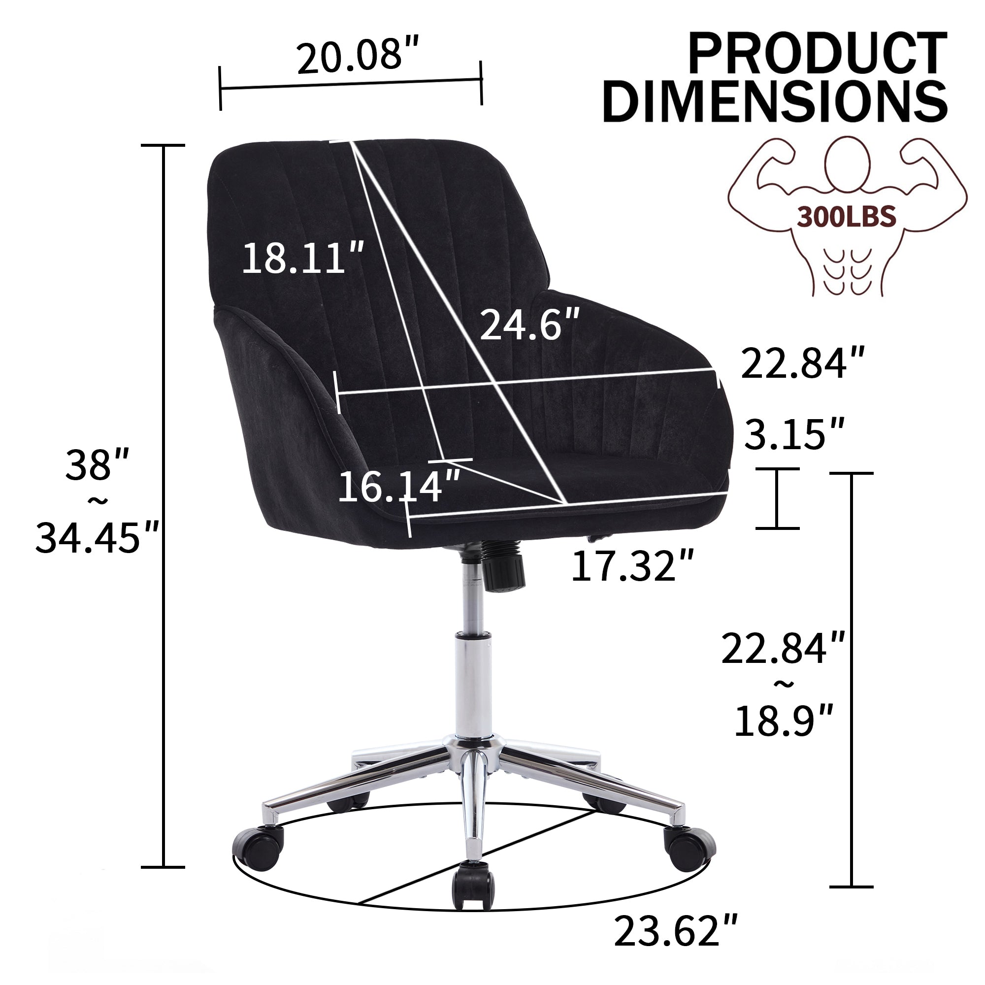 TY Adjustable Ergonomic Office Chair, Swivel Backrest Seat, Black Velvet, 24.60 x 22.84 x 38.00 inches | Premium Home Decor -