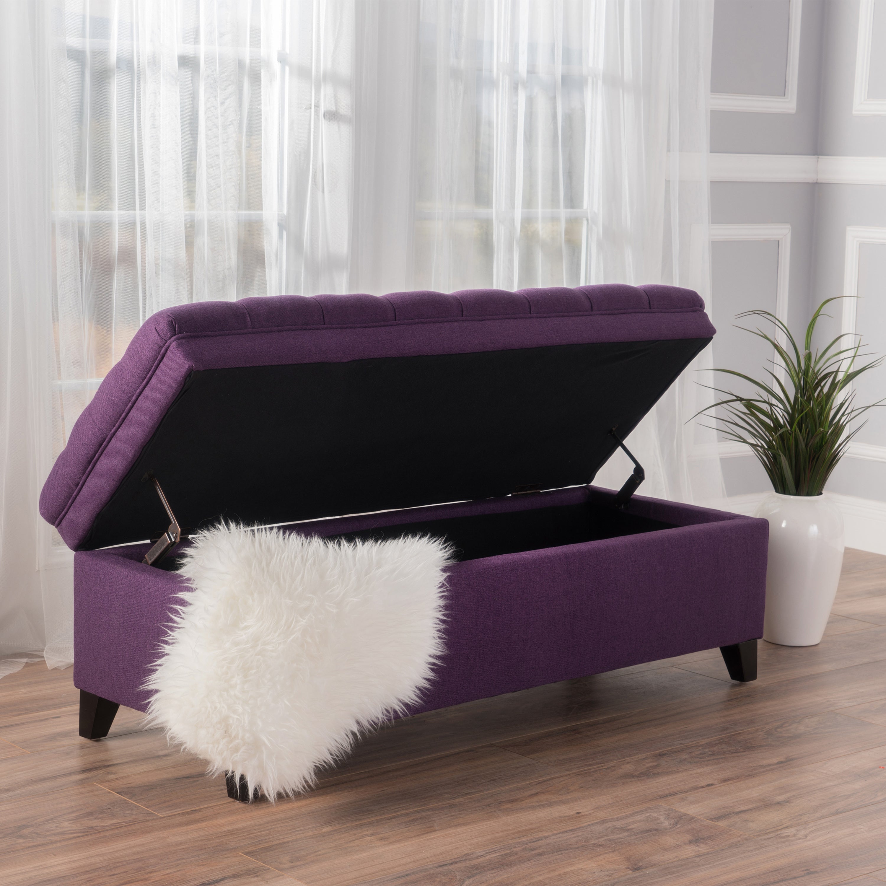 Juliana Storage Ottoman Purple Fabric with Birch Legs 50x20.5x18.3 Inch - Grand Goldman Shop
