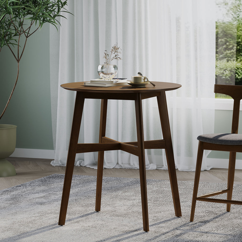 Round Counter Height Dining Table with Thick Rubberwood Legs and Support Beams, Walnut - Grand Goldman Shop