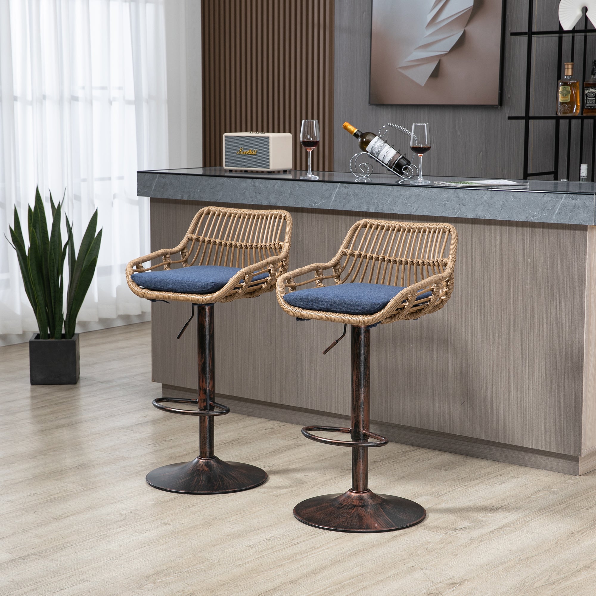 COOLMORE Modern Swivel Bar Stools Set of 2 Adjustable Counter Height Chairs with Footrest Blue Linen - Grand Goldman Shop