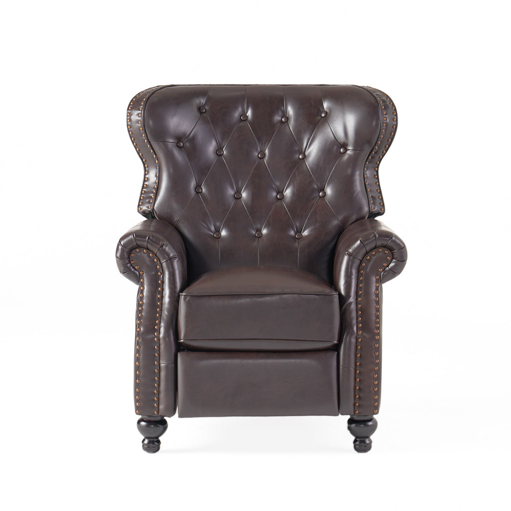 Contemporary Style Push Back Recliner with Button-Tufted Stitching and Nailhead Trim in Dark Brown PU - Grand Goldman Shop