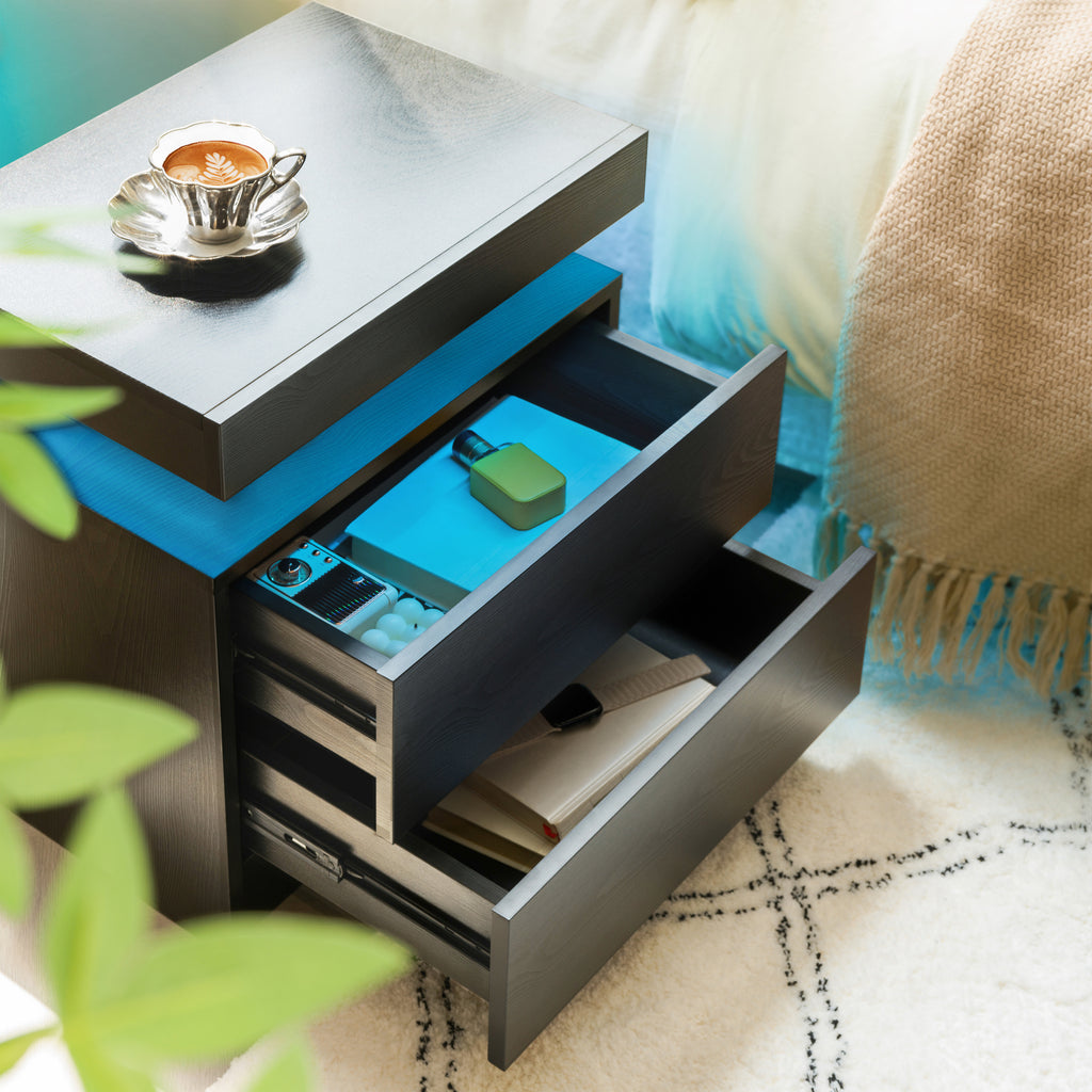 Nightstand LED Bedside Table Cabinet Lights Modern End Side with 2 Drawers for Bedroom (Black Woodgrain) - Grand Goldman Shop