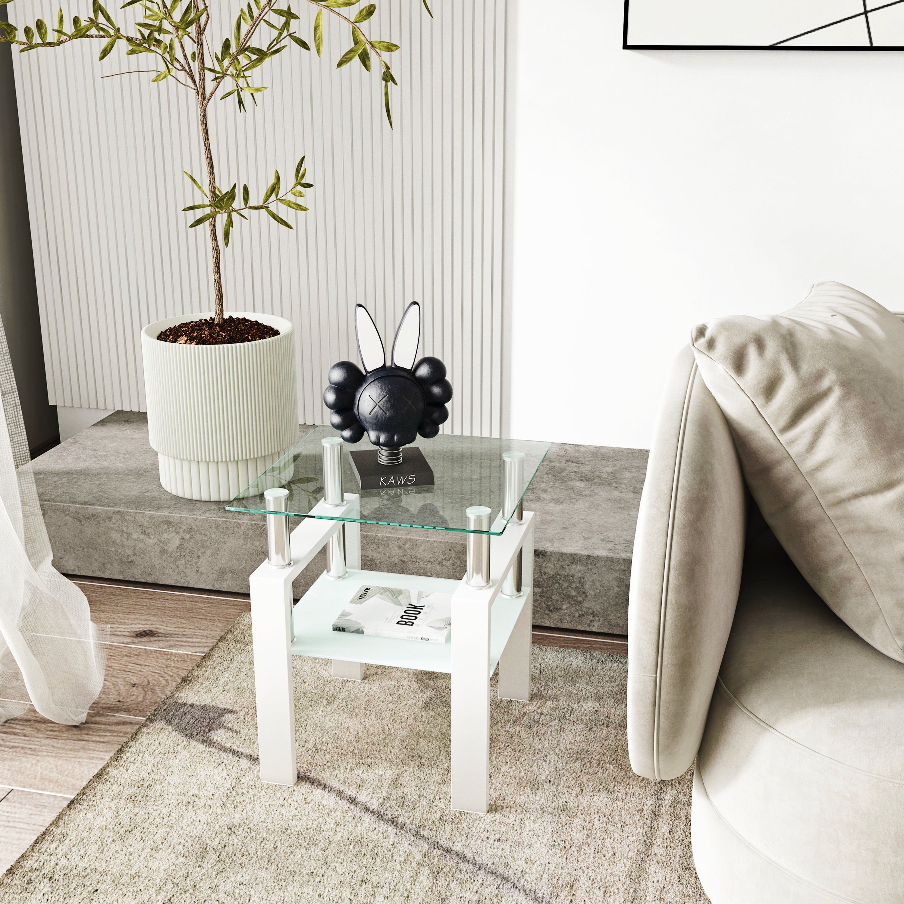 1-Piece Modern Tempered Glass Tea Table Coffee Table End Table, Square Table for Living Room, Transparent/White - Grand Goldman Shop