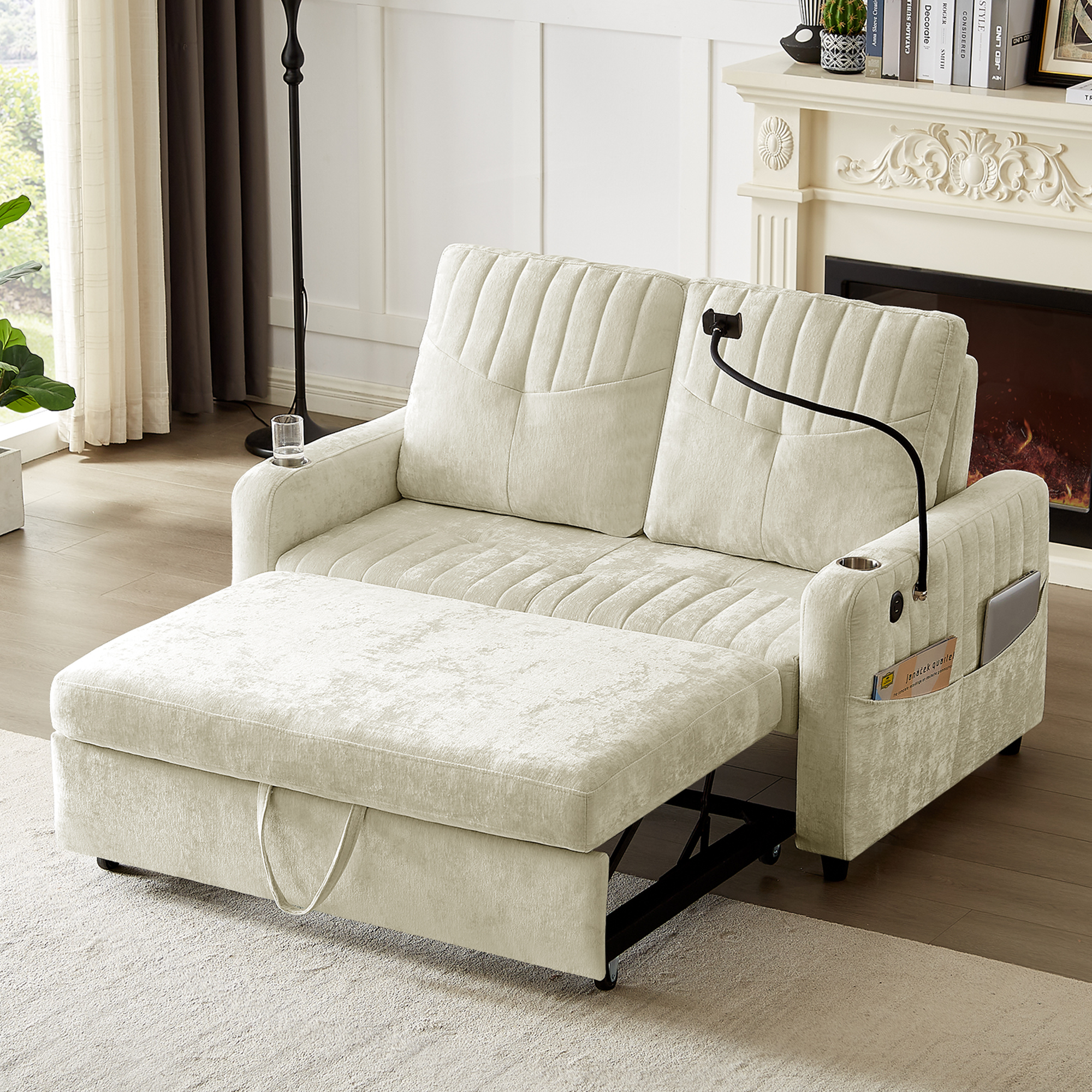 Modern 53.9' Loveseat Pull-out Sofa Bed with Adjustable Backrest, Cup Holders, Charging Ports & Side Storage in Beige Chenille - Grand Goldman Shop