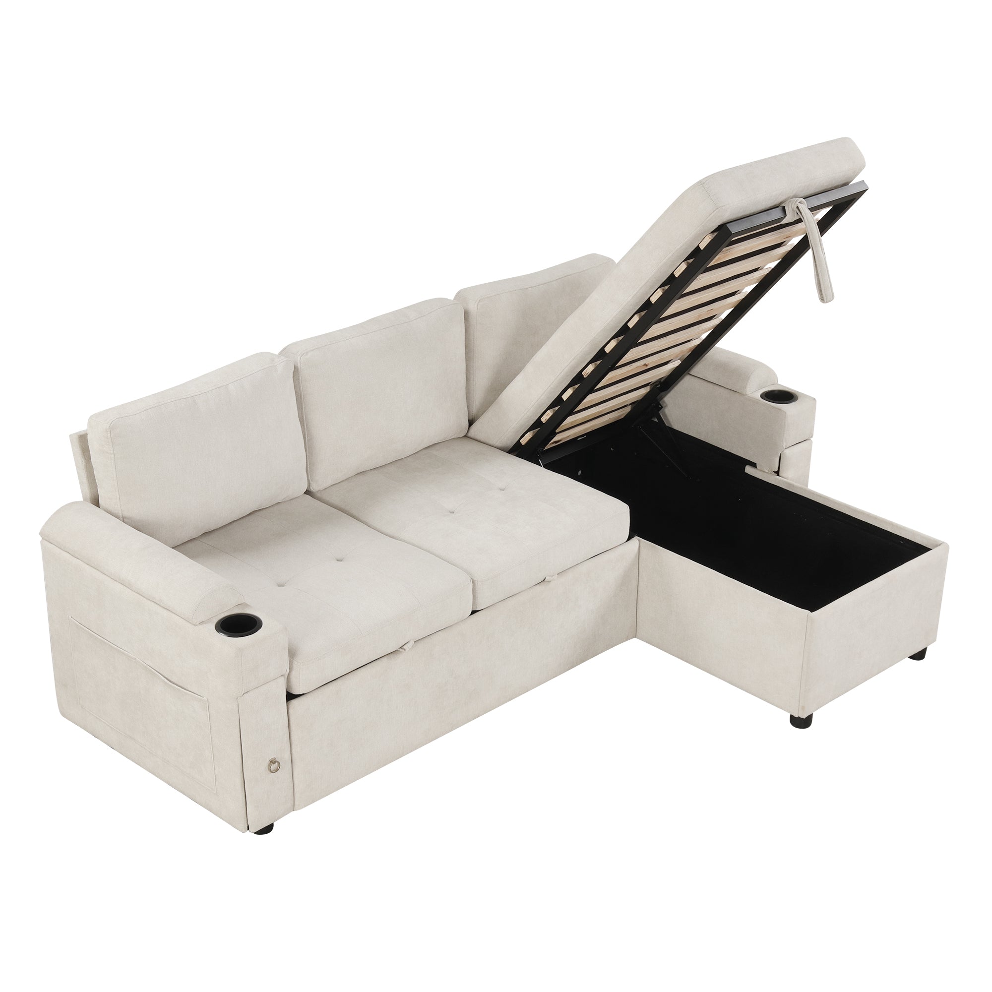 Convertible L-shaped Beige Sofa Couch with Storage, Cup Holders, USB Ports, Chenille Fabric - Grand Goldman Shop