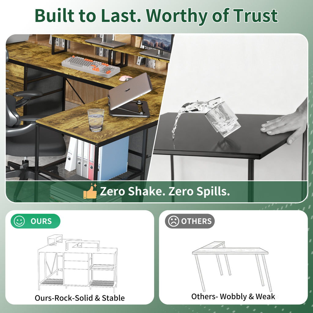 Industrial L-Shaped Computer Desk with Power Outlets & USB-C, Rustic Brown Metal Frame, 6 Fabric Drawers, 3 Open Shelves, Mov