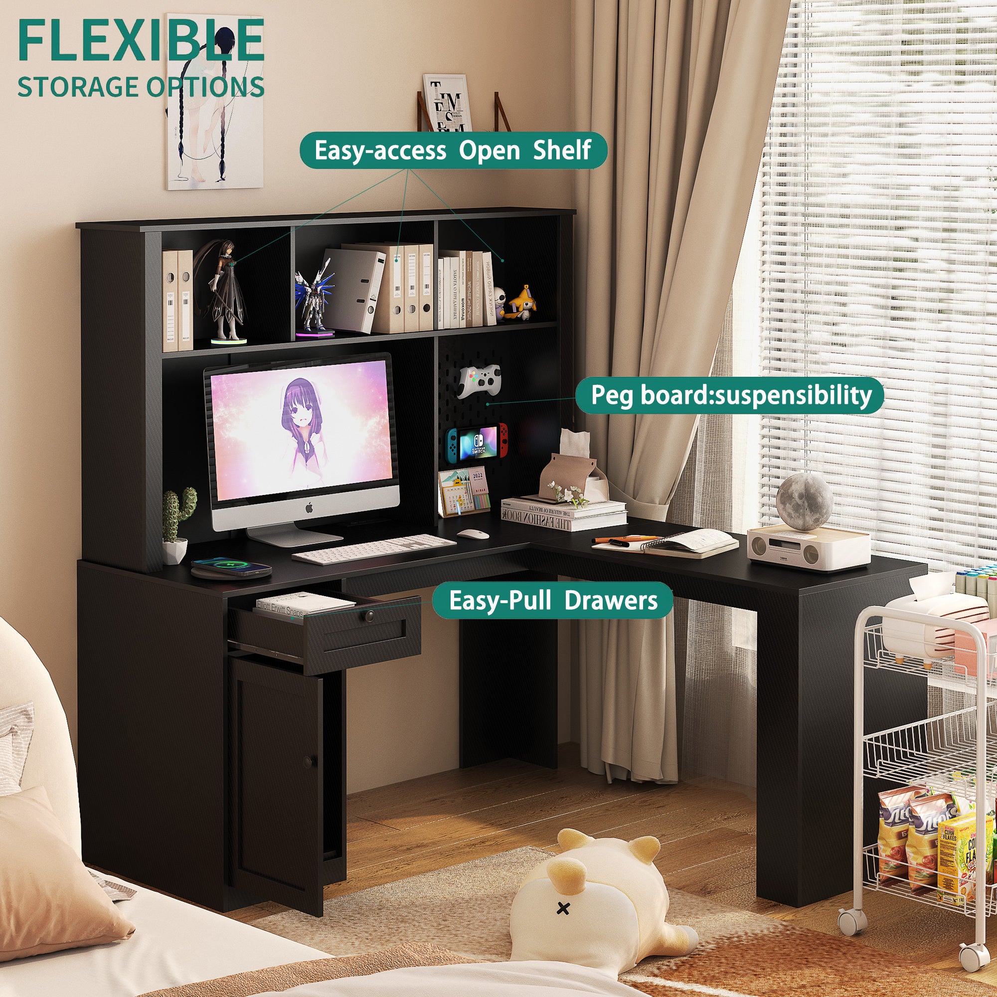L Shaped Desk with Charger,Computer Desk with Drawers,Bookshelf,Modern Corner Desk,Home Office Desk,L-Shaped Study Table Writ
