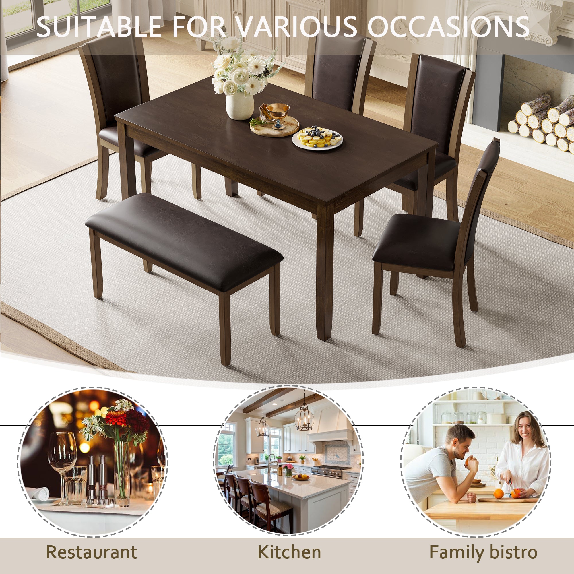 6-Piece Dining Table Set with Bench and Chairs, Wooden dining table set for 6 people, Farmhouse Rustic Style 6 Person Dining Table Set for Dining Room, Kitchen, Dark Walnut - Grand Goldman Shop